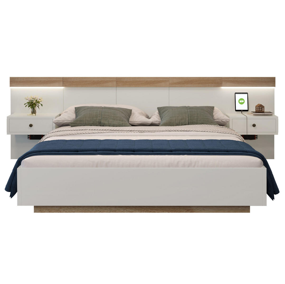 BETT 140/200 cm mit 2 LED-Nachtkommoden und USB- und Type-C-Anschlüssen - Weiß, Holzwerkstoff (140/200cm) - Flora Grace