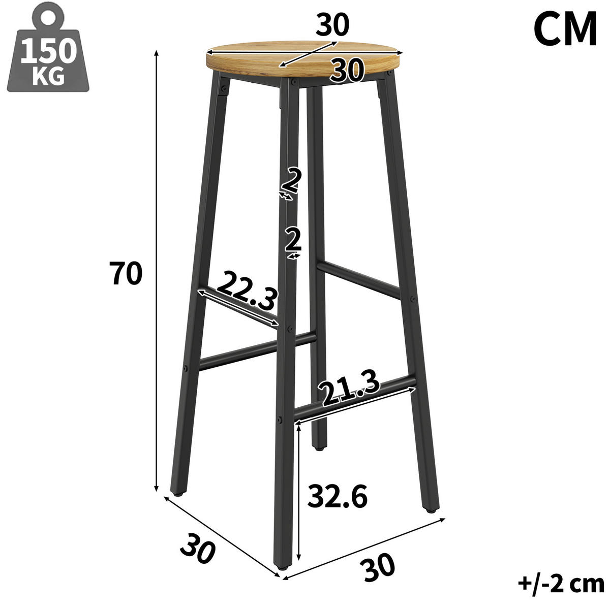 BARHOCKER 2er-Set mit Holzoptik-Sitz, 70 cm, Fußstützen - Schwarz, Metall (30/70/30cm) - MIVRAY
