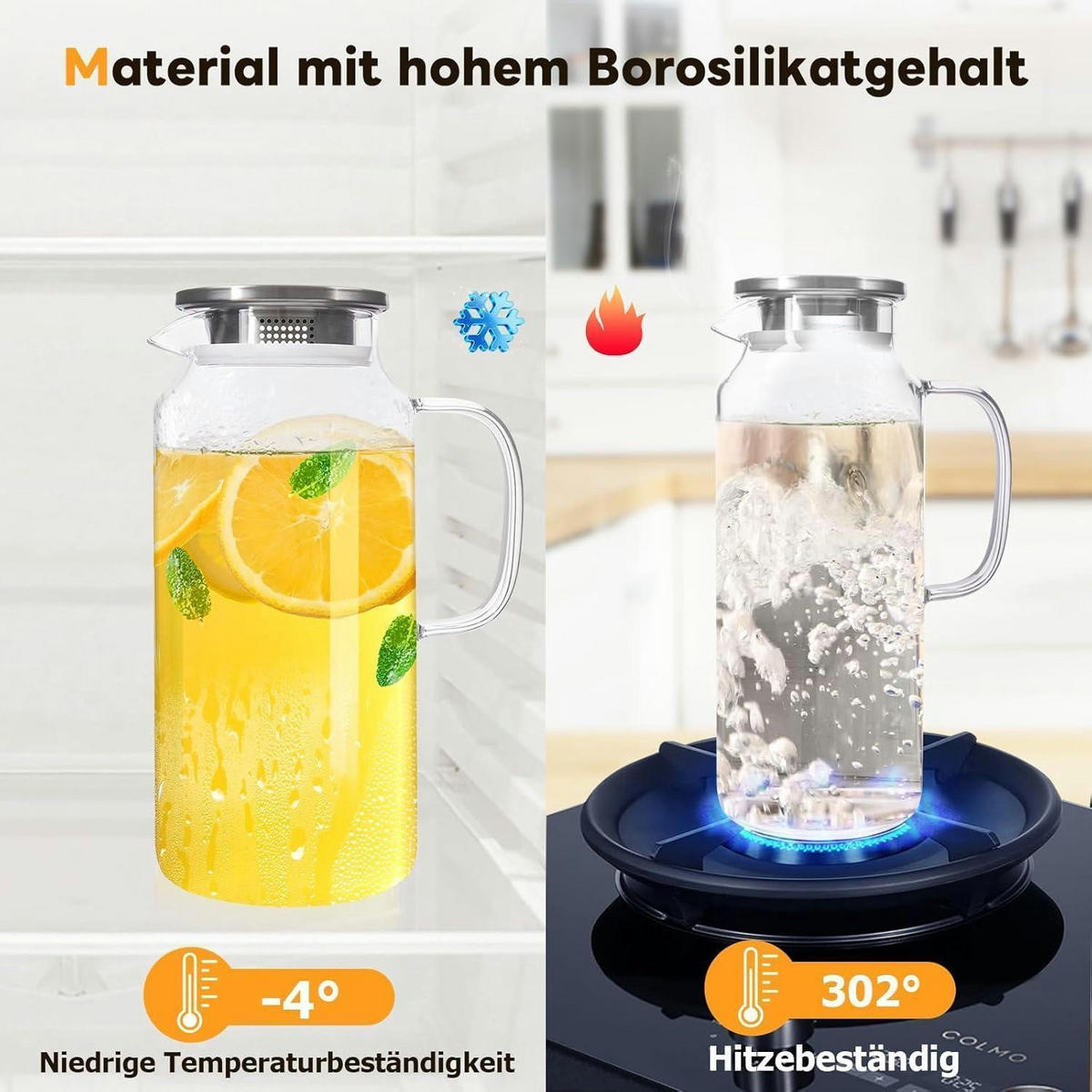 KARAFFE 2 Liter Borosilikatglas mit Edelstahldeckel - Transparent, Glas (10.5/10.5cm)