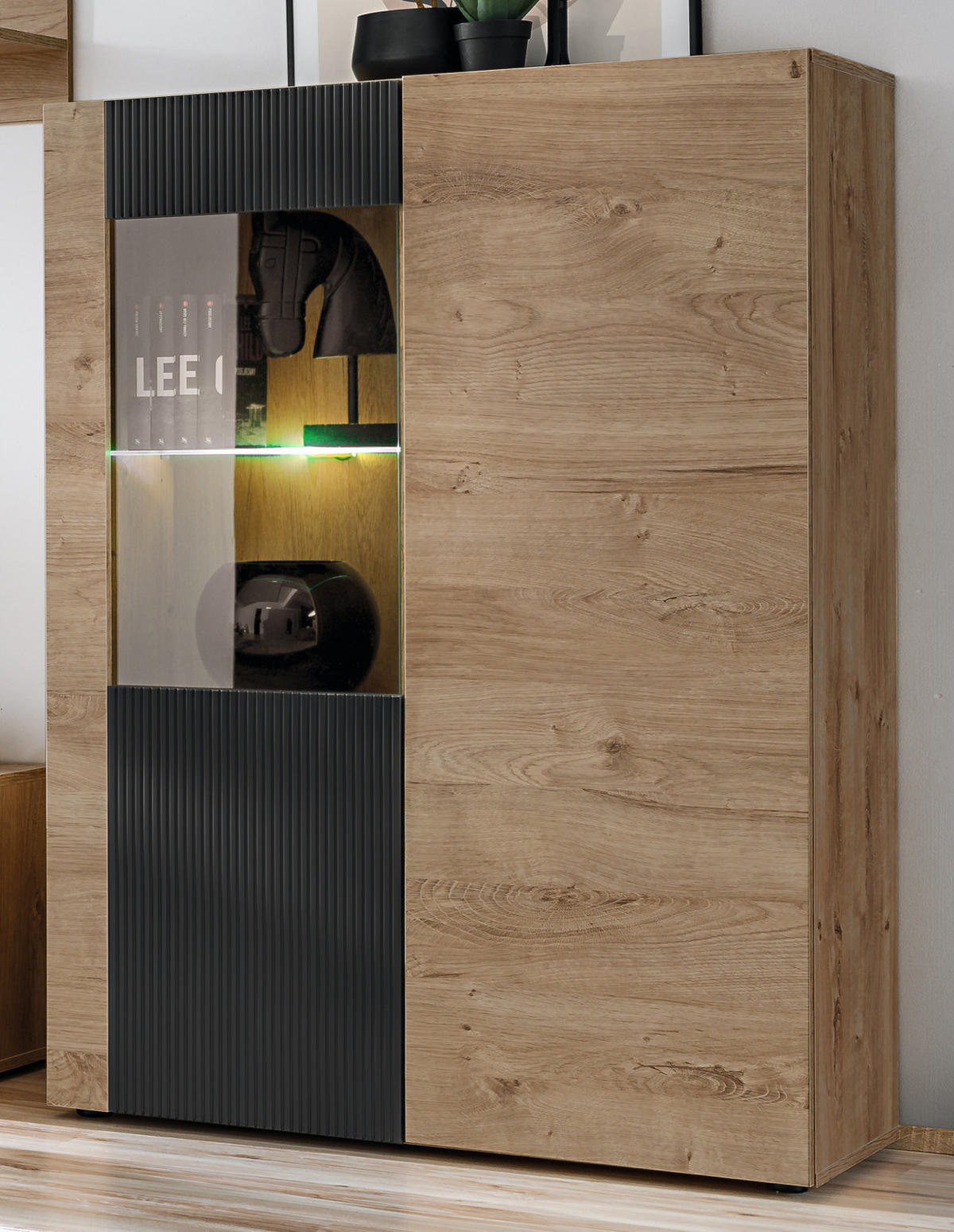 VITRINE Eiche, schwarz 90 x 120 cm, Highboard inklusive LED-Beleuchtung - Eichefarben/Schwarz, Glas/Holzwerkstoff (90/40/120cm) - Inn.Furn