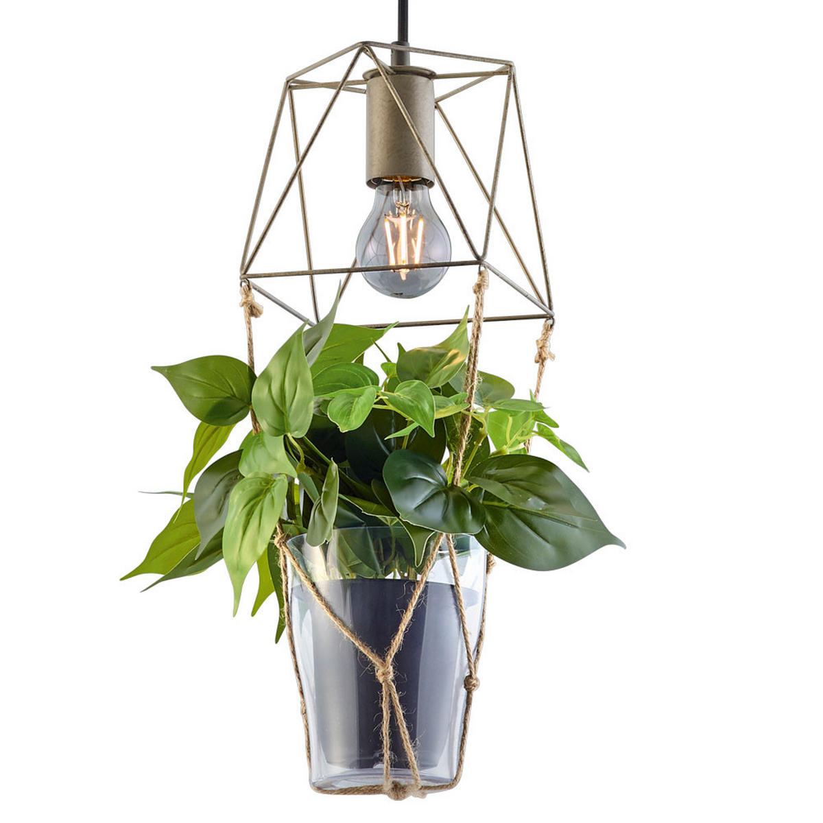 HÄNGELEUCHTE KÄFIG-OPTIK Metall Glas Sisal Grau - Grau, Glas (22/22/150cm)