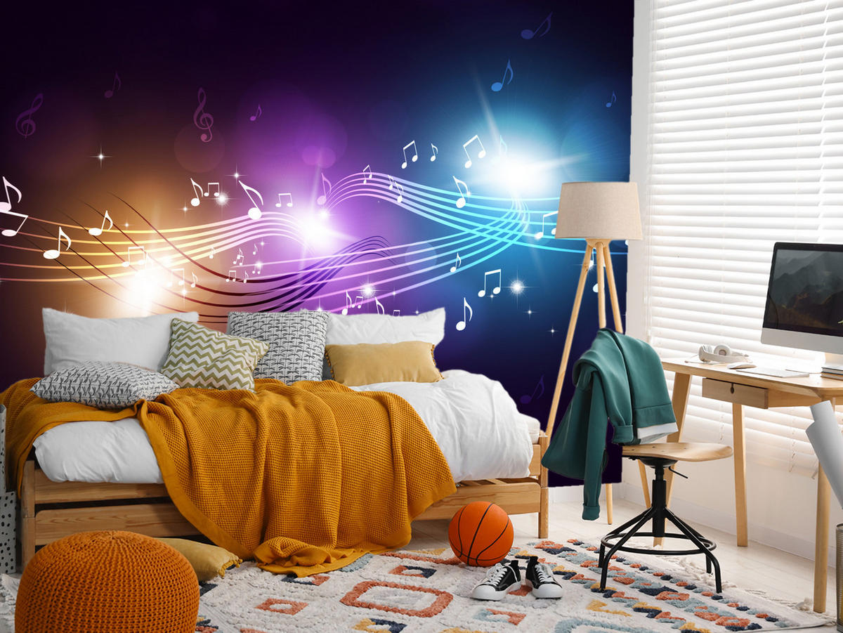 FOTOTAPETE für Jugendzimmer Noten Buntes Hintergrund Musik 500x350 - Blau/Gelb, Papier (500/350cm) - Muralo