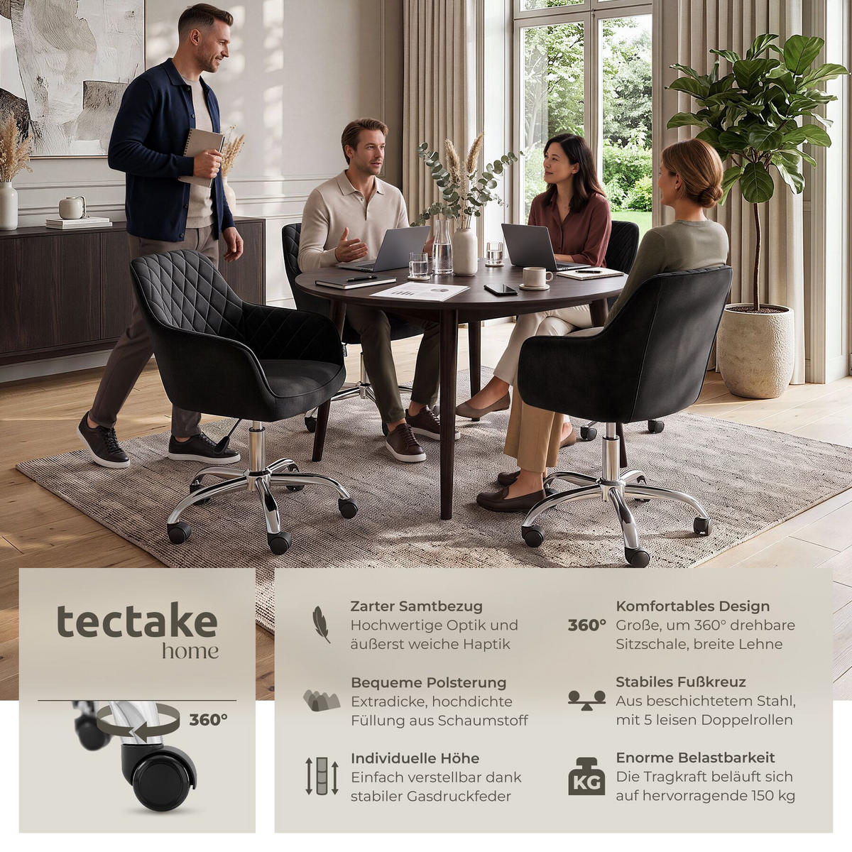 DREHSTUHL Nancy, 57 x 60 x 82 – 91 cm, Belastbarkeit 150 kg, schwarz - Schwarz, Kunststoff (57/91/60cm) - tectake