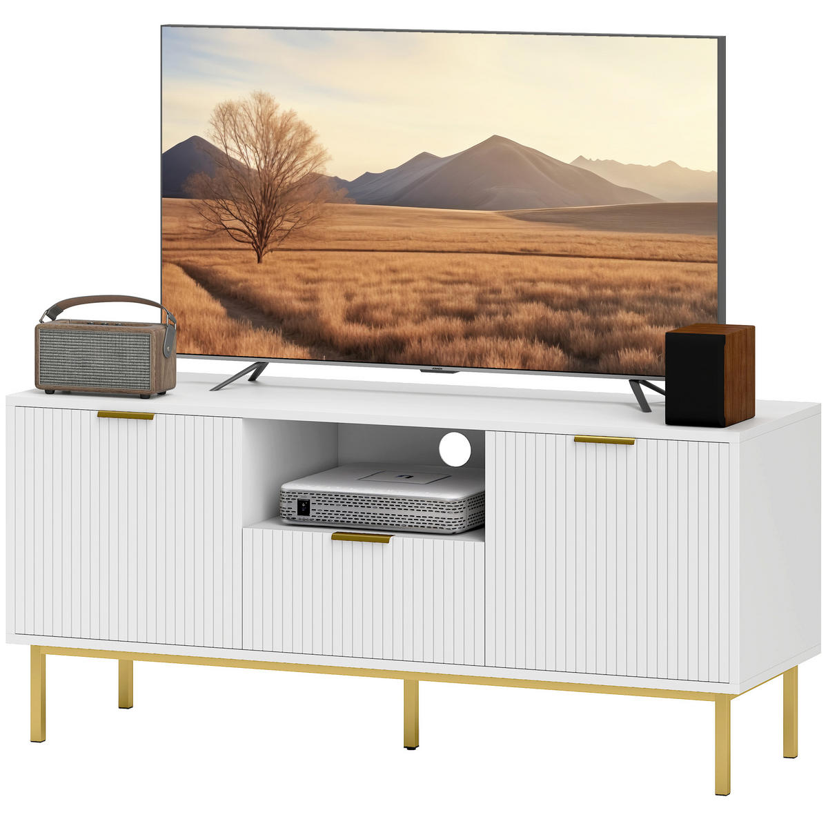 TV-LOWBOARD Weiß 120/39/54 cm, Soft-Close, Metallfüße, geriffelte Türen - Weiß, Holzwerkstoff (120/54/39cm) - PANGIVO