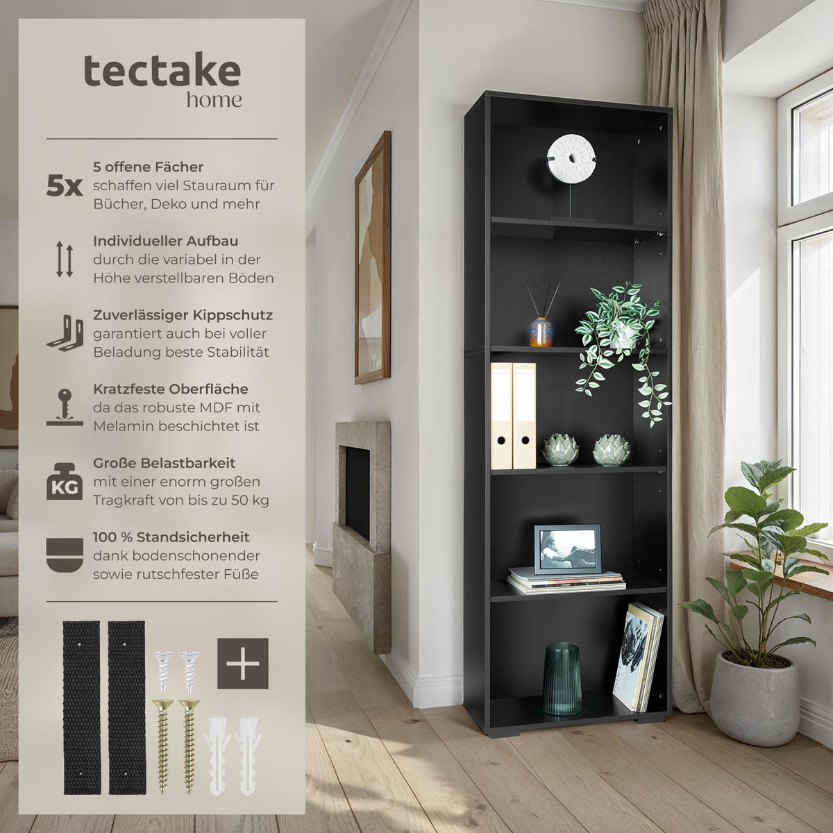 BÜCHERREGAL Lexi,60 x 30 x 190 cm,schwarz - Schwarz, Holz (30/190/60cm) - tectake