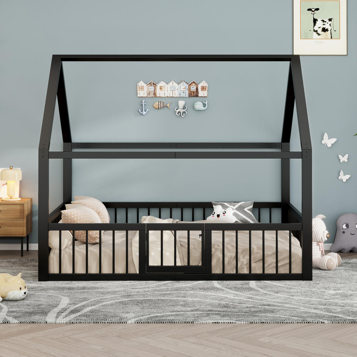 KINDERBETT Hausdesign 140/200 cm Schwarz aus Metall ohne Matratze - Schwarz, Metall (140/200cm) - MIVRAY