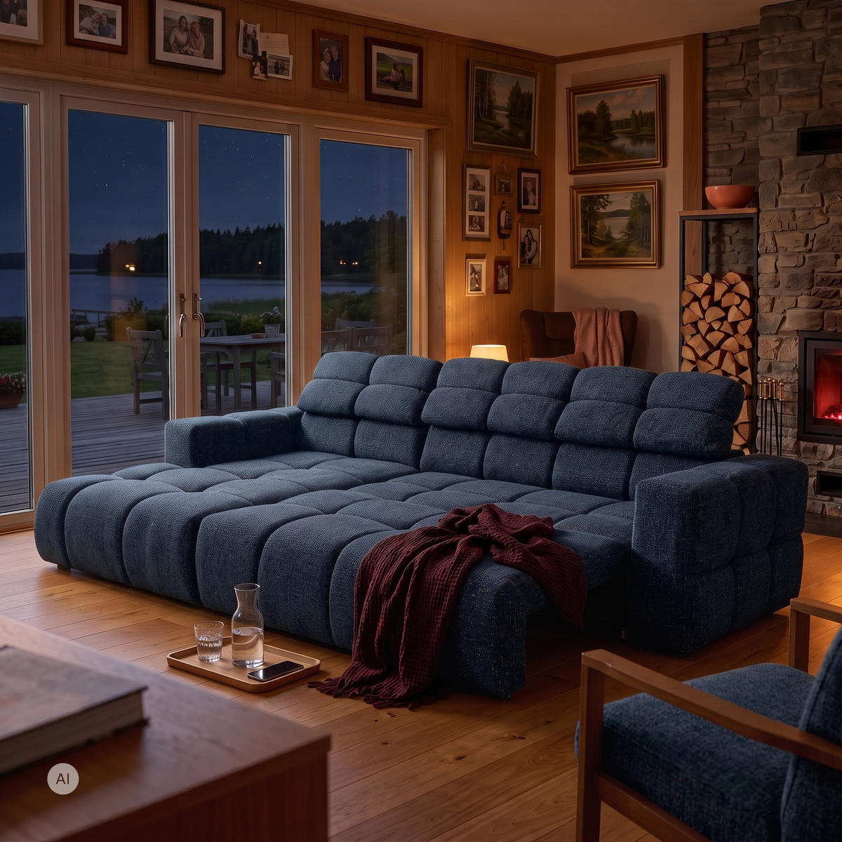 ECKSOFA TENDER Links mit Schlaffunktion und Verstellbare Kopfstützen, Chenille dunkelblau - Schwarz/Dunkelblau, Holz/Kunststoff (315/176cm) - Muffo