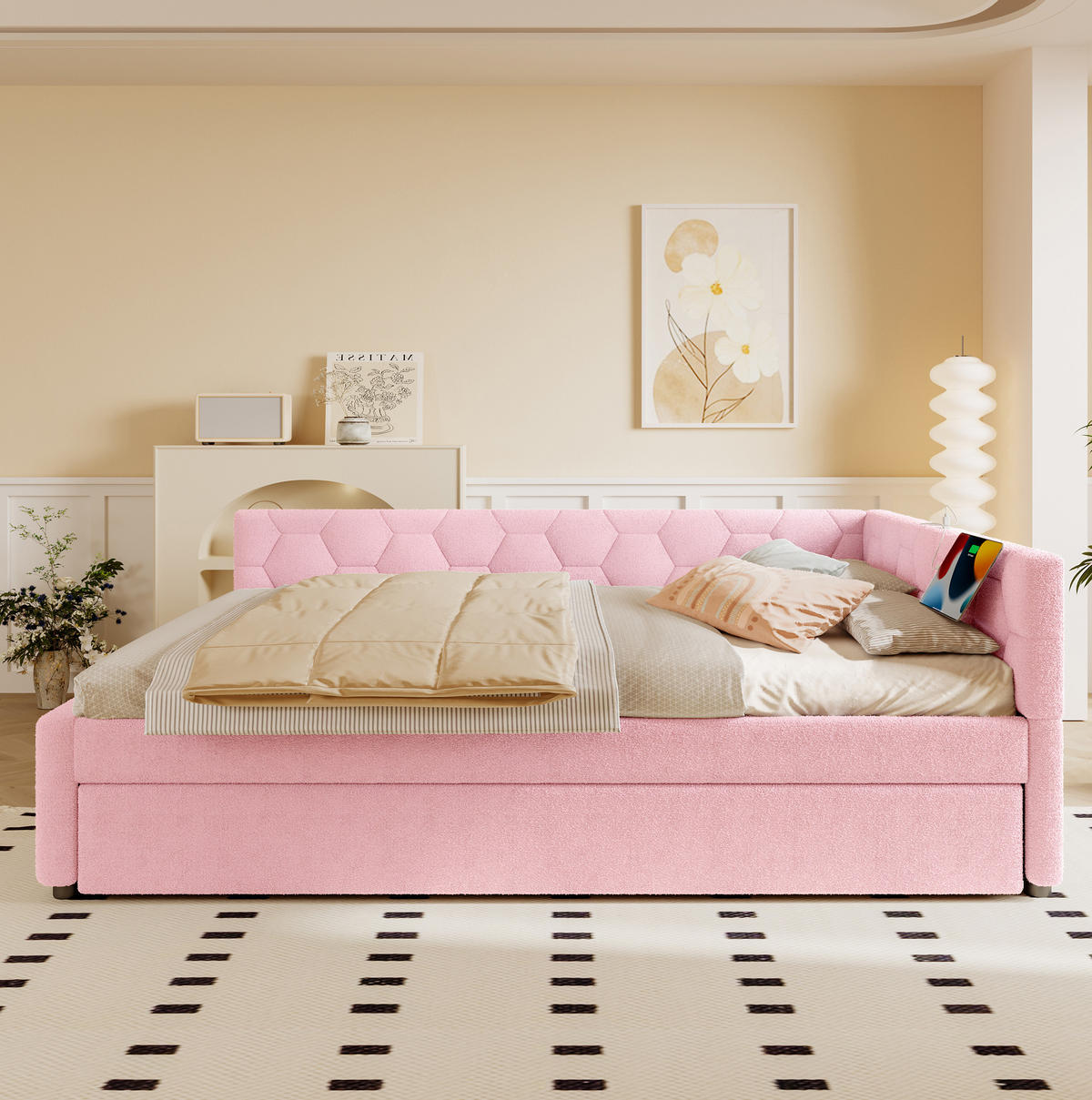 BETT 140/200 cm Rosa mit Ausziehbett und USB- und Type-C-Anschlüssen - Rosa, Textil (140/200cm) - Flora Grace