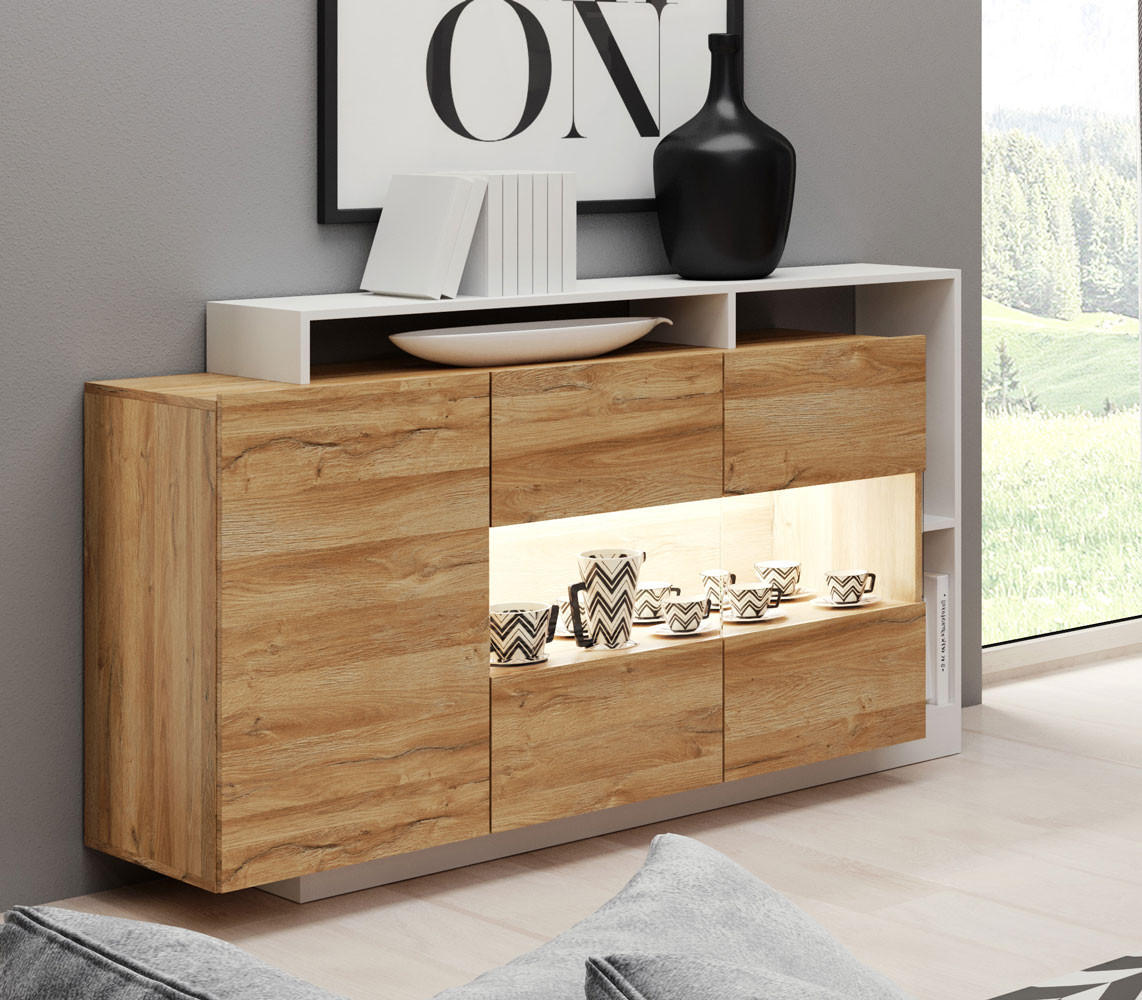 KOMMODE Alva Grand Eiche / weiß 155 cm / 44 cm / 93,5 cm - Eichefarben/Braun, Holz/Holzwerkstoff (155/93/44cm) - Feldmann-Wohnen