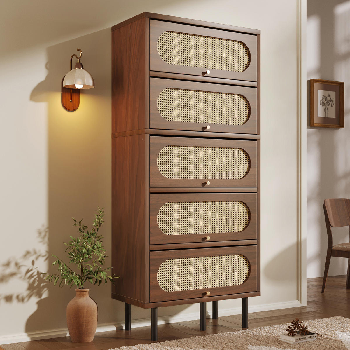 BUFFET 80/40/163 cm in Nussbaum mit Rattanfronten und 5 Klappen - Walnussfarben, Holzwerkstoff (80/163/40cm) - Flora Grace