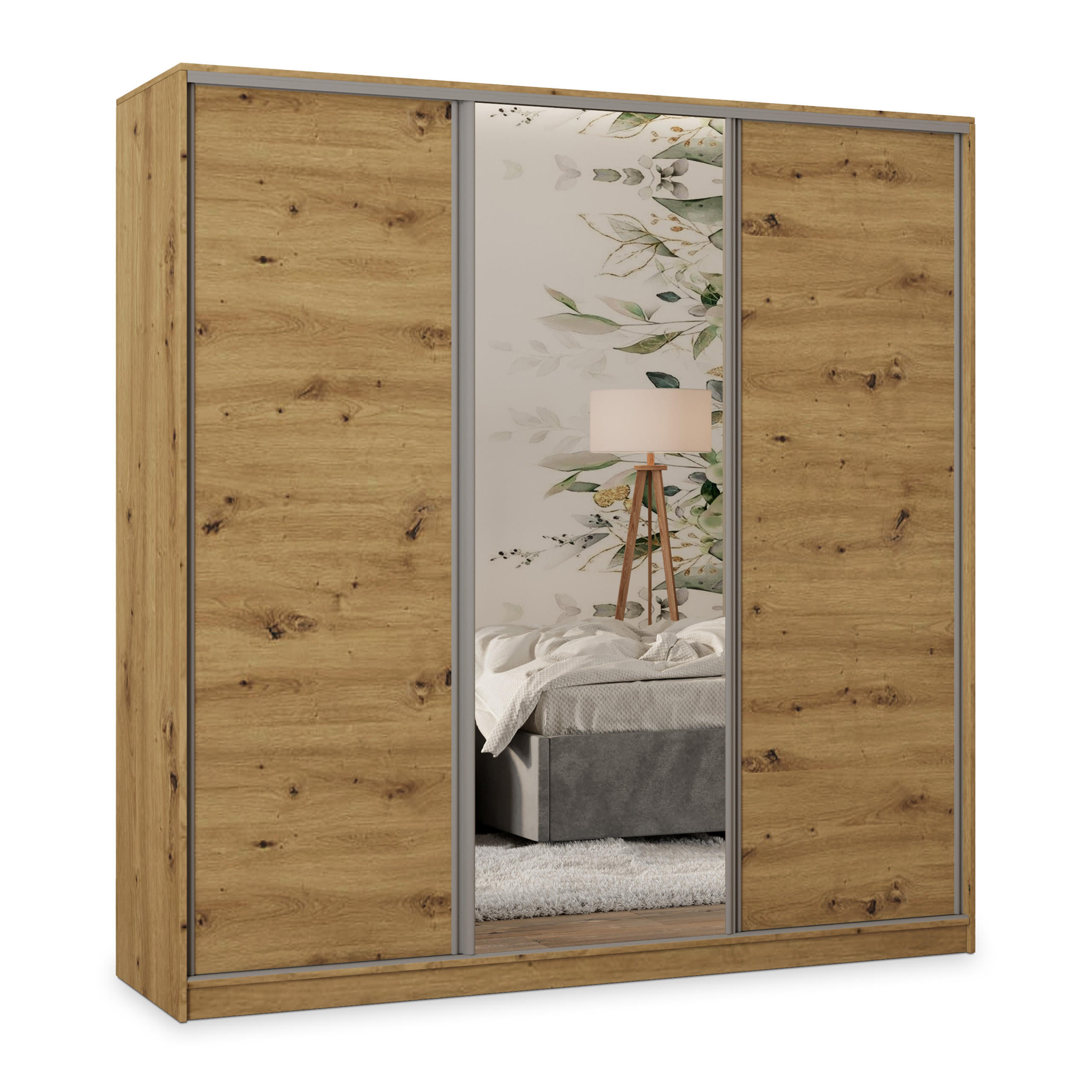 SCHWEBETÜRENSCHRANK TARI 180/205/58 cm 3-türig mit Spiegel und Schubladen Eiche Artisan - Silberfarben/Eiche Artisan, Holzwerkstoff (180/205/58cm) - MASSENO
