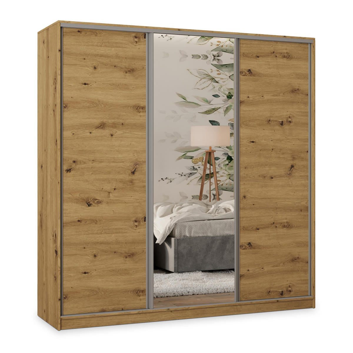 SCHWEBETÜRENSCHRANK TARI 180/205/58 cm 3-türig mit Spiegel und Schubladen Eiche Artisan - Silberfarben/Eiche Artisan, Holzwerkstoff (180/205/58cm) - MASSENO
