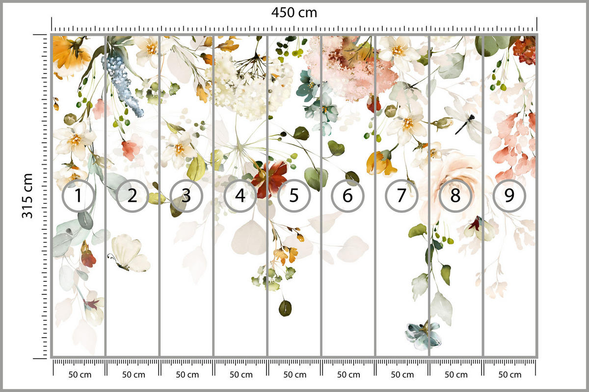 FOTOTAPETE für Schlafzimmer Bunte Zarte Blumen Blätter Pastell 450x315 - Ecru/Beige, Papier (450/315cm) - Muralo