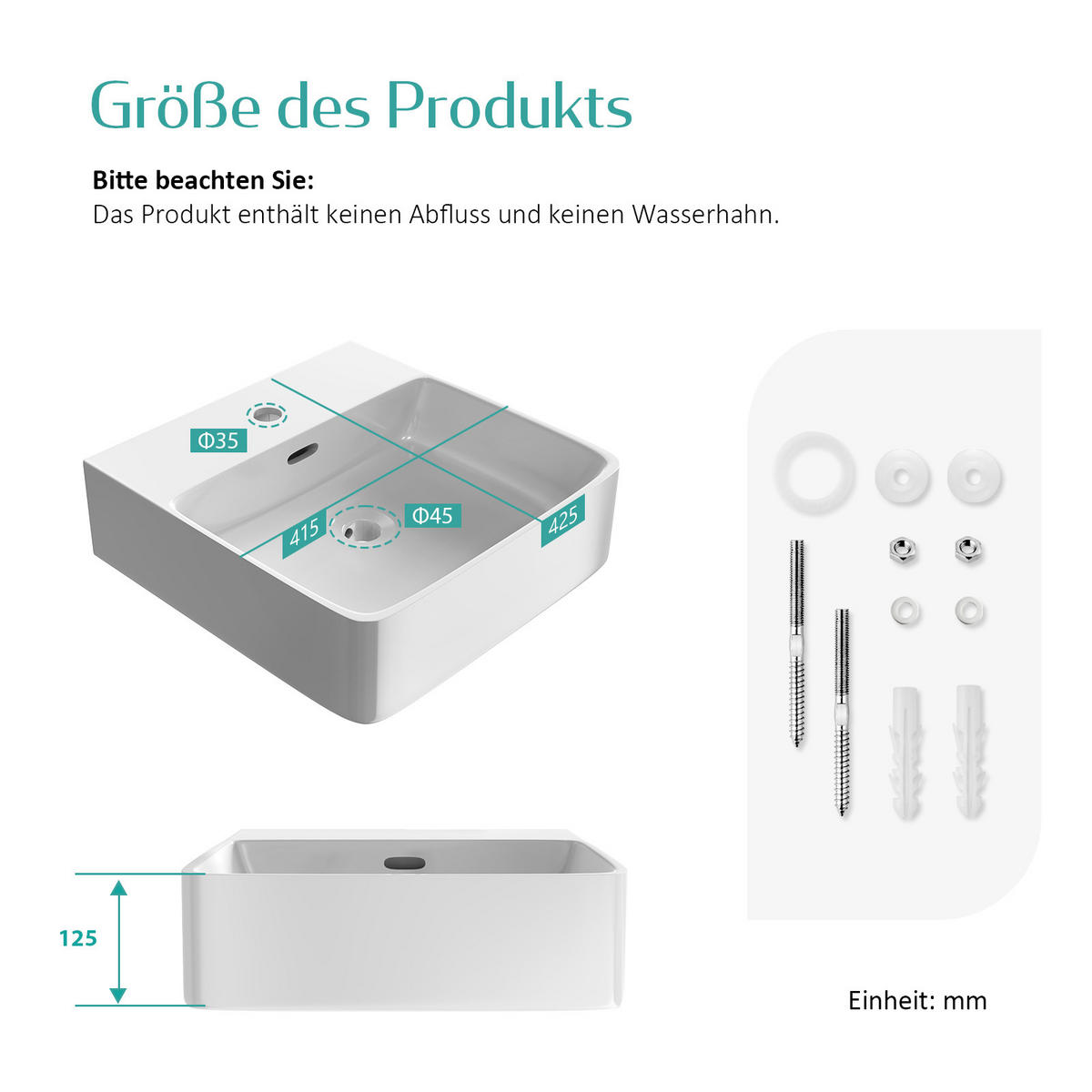 WASCHBECKEN mit 1 Hahnloch, Überlauf und Hahnlochbank, Weiß 42,5/41,5/12,5 cm - Weiß Hochglanz, Keramik (41.5/12.5/42.5cm) - EMKE