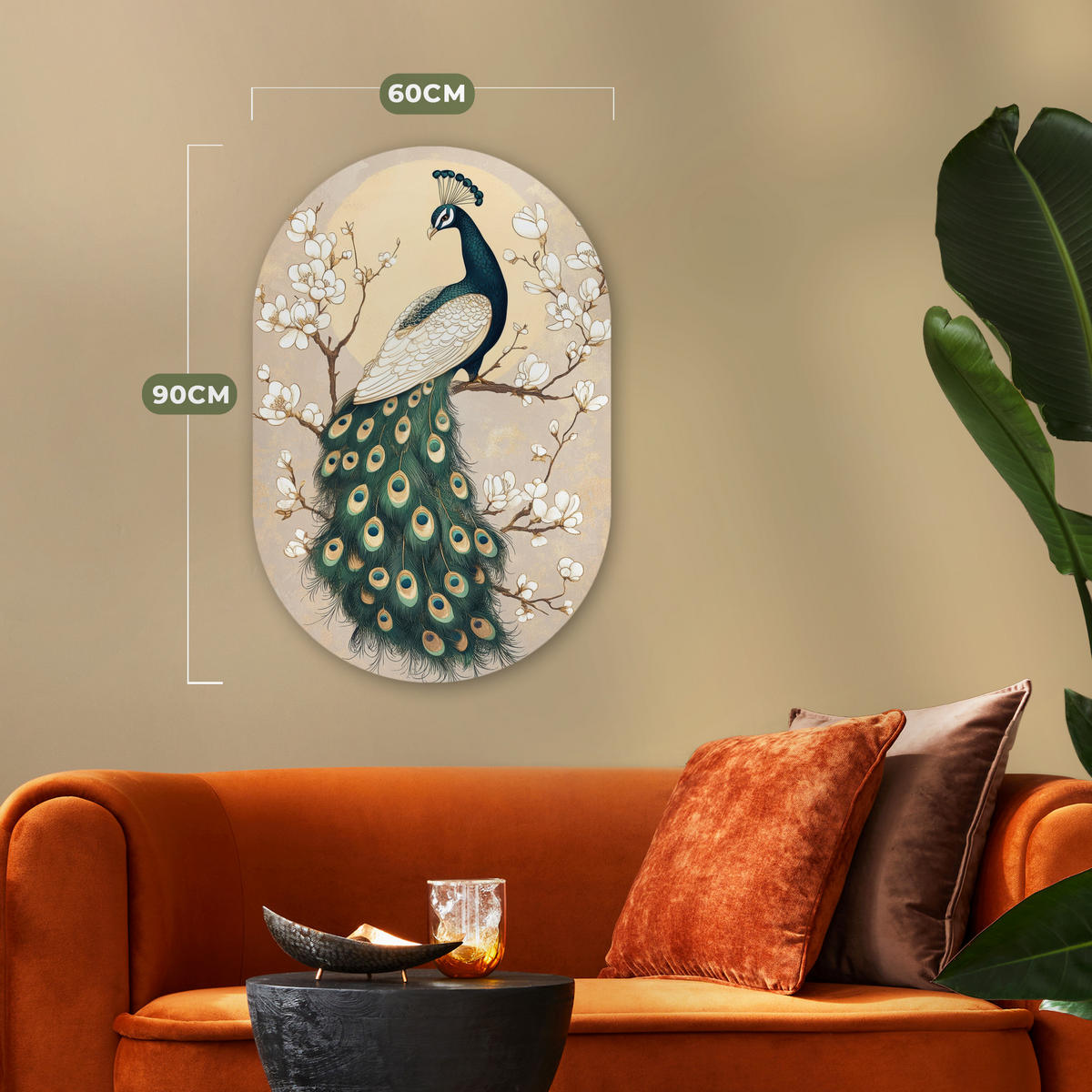 WANDBILD Pfau - Zweig - Blumen 60x90 cm - Champagner, Kunststoff (60/90cm) - MuchoWow