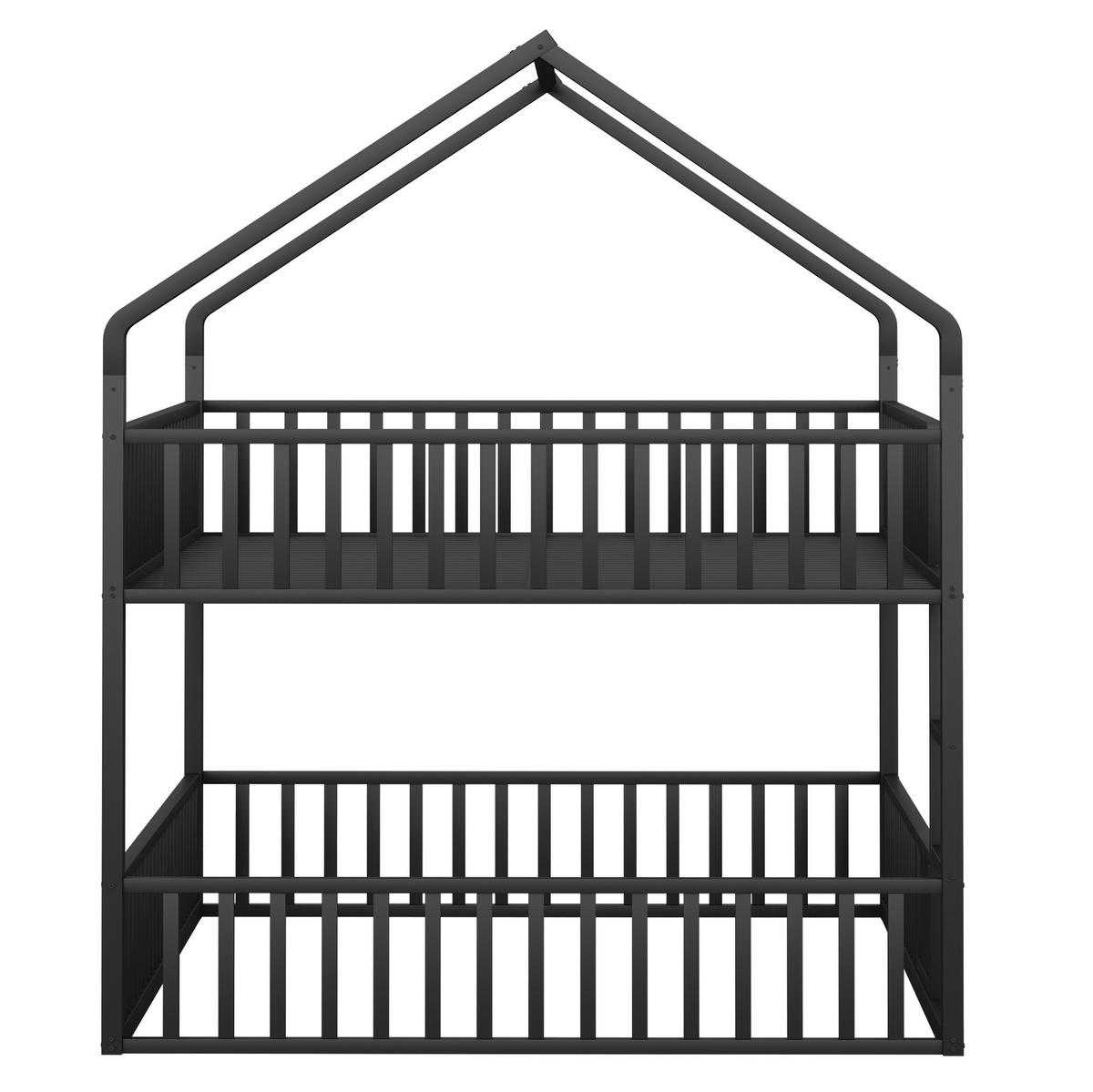 ETAGENBETT aus Metall 140x200 cm Schwarz mit Hausrahmen, Frontleiter und Sicherheitsgeländern - Schwarz, Metall (140/200cm) - Modfu