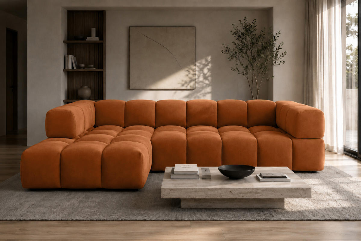 ECKSOFA L-Form, Veloursstoff Bluvel, Zimtfarbe, Links, Averro XL - Orange, Holz (320/150cm) - Kaiser Möbel