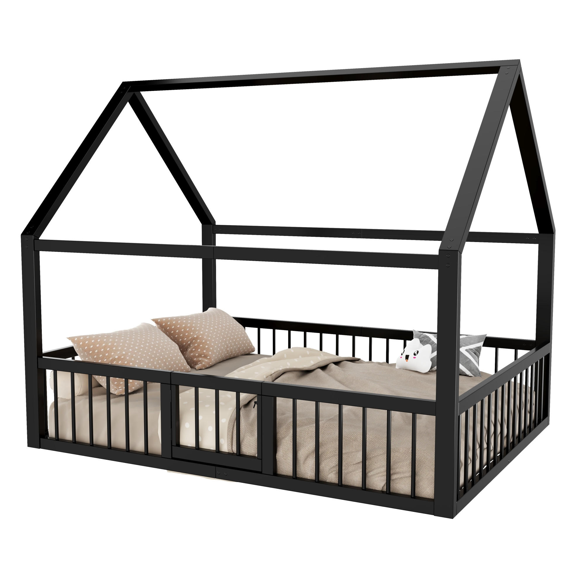 HAUSBETT 140/200 cm Schwarz aus Metall mit Dachdesign - Schwarz, Metall (140/200cm) - OKMYHOME