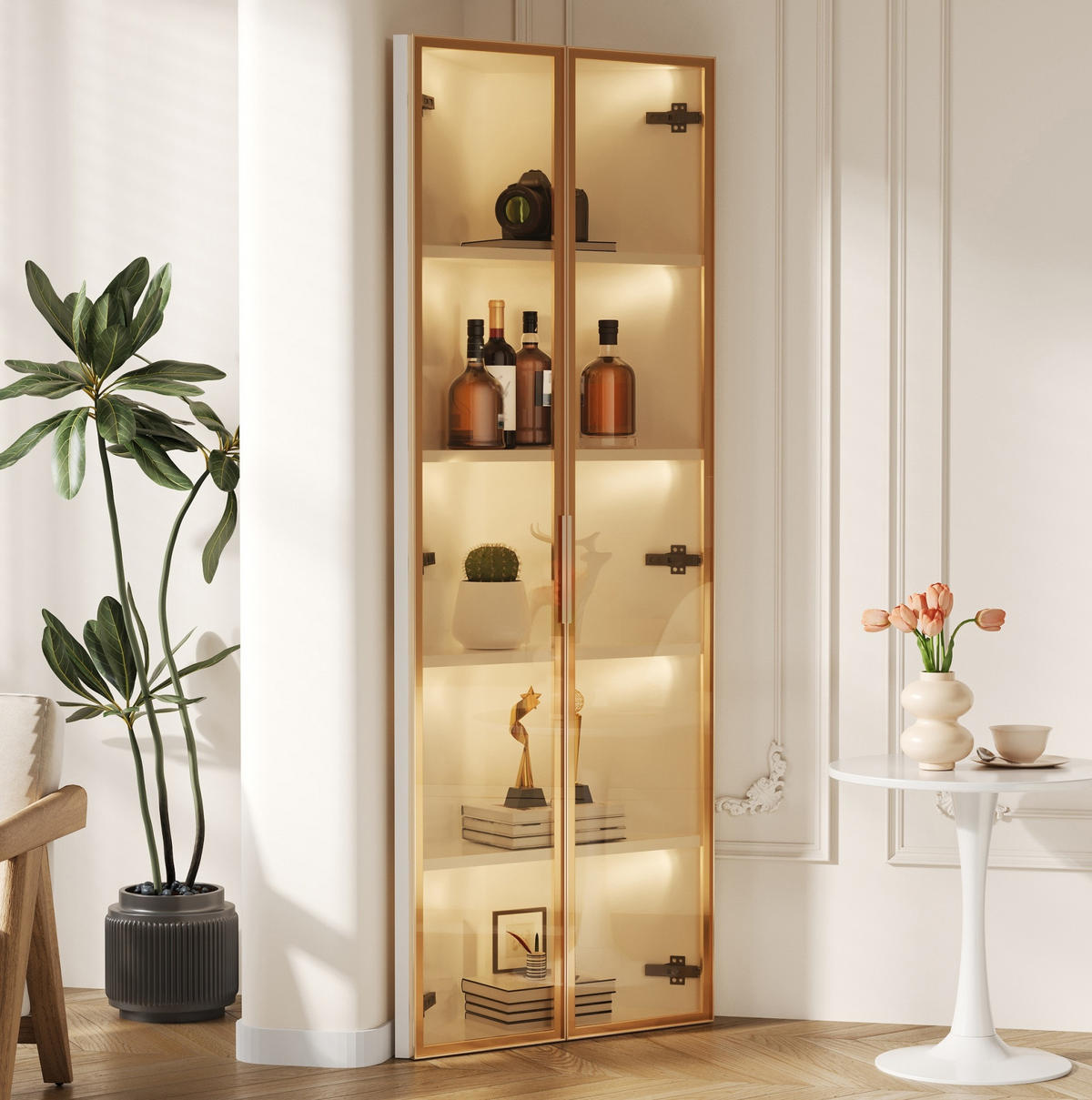 VITRINE 62/35/160 cm aus MDF und Sicherheitsglas mit LED-Beleuchtung Weiß - Weiß, Holzwerkstoff (62/160/35cm) - Modenvie