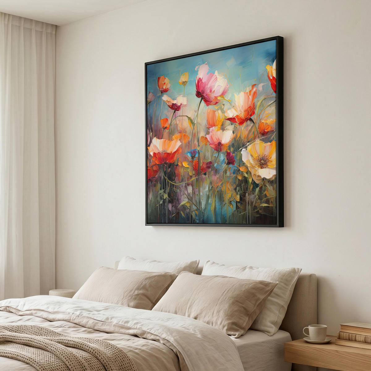 LEINWAND Bilder mit Rahmen - Blumen - Aquarell - Kunst - Botanisch - Natur - 90x90 - Orange, Textil (90/90cm) - MuchoWow