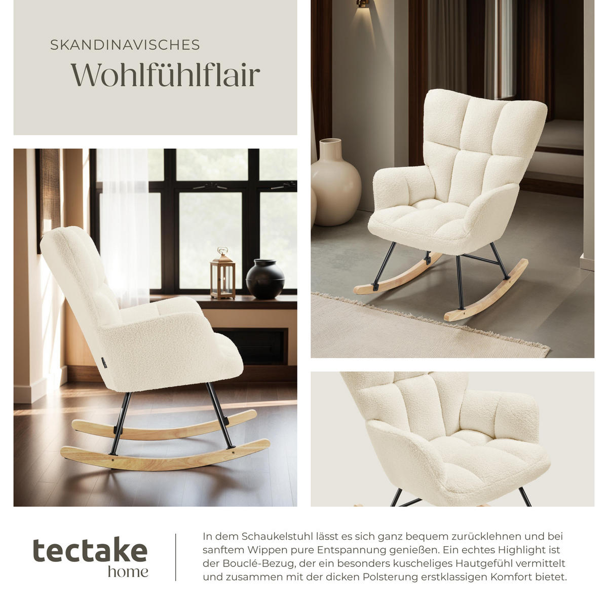 SCHAUKELSTUHL Torve,68 x 96 x 97 cm, Belastbarkeit 120 kg,Bouclé beige - Beige, Kunststoff (70/97/96cm) - tectake