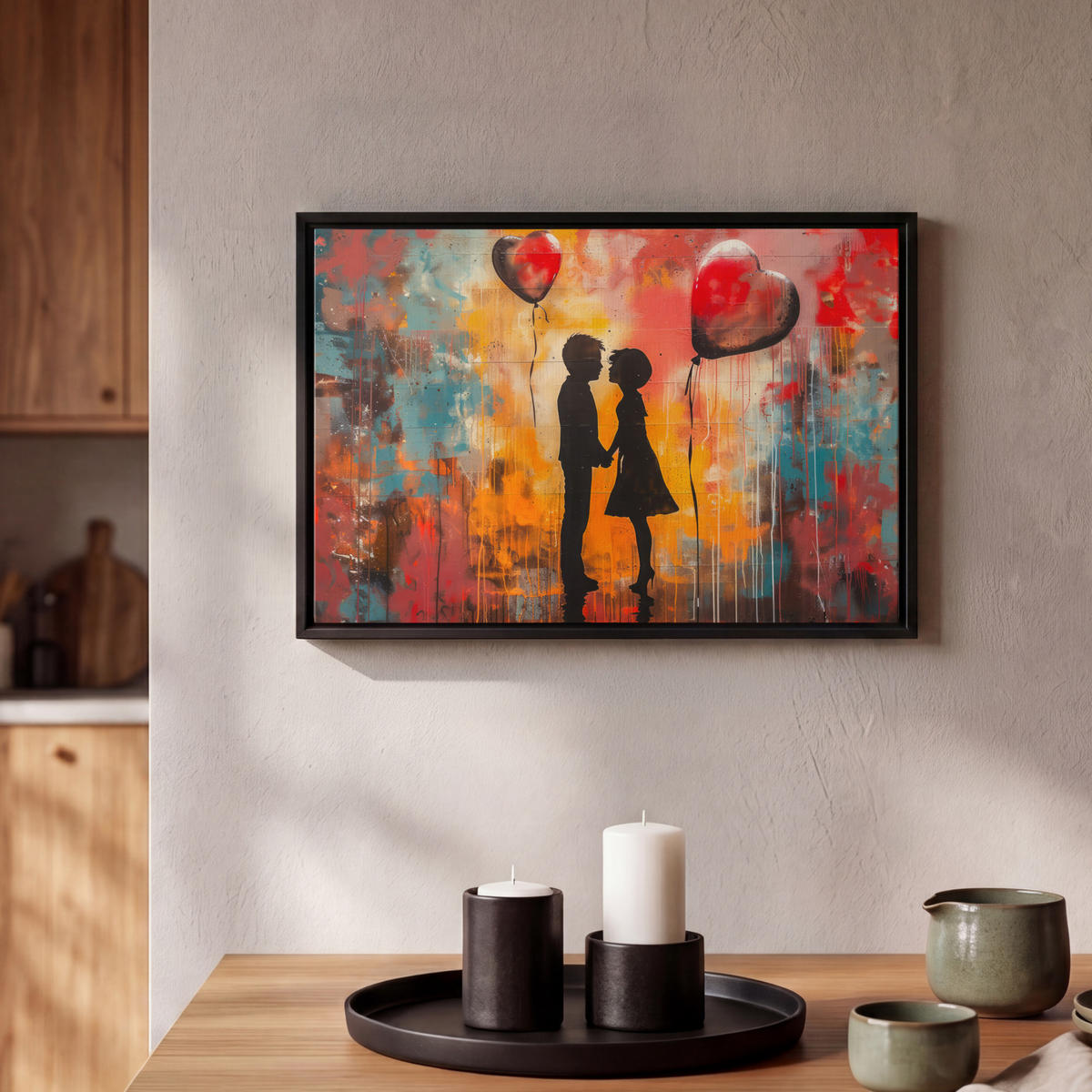 LEINWAND Bilder mit Rahmen - Straßenkunst - Liebe - Graffiti - Kunst - Banksy - 30x20 - Orange, Textil (30/20cm) - MuchoWow