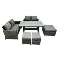 BALKONMÖBEL-SETS mit 2-Sitzer Sofa,3 Fußhocker,Esstisch Polyrattan Dunkelgrau 7-Sitzer - Dunkelgrau/Grau, Glas/Kunststoff - Fimous