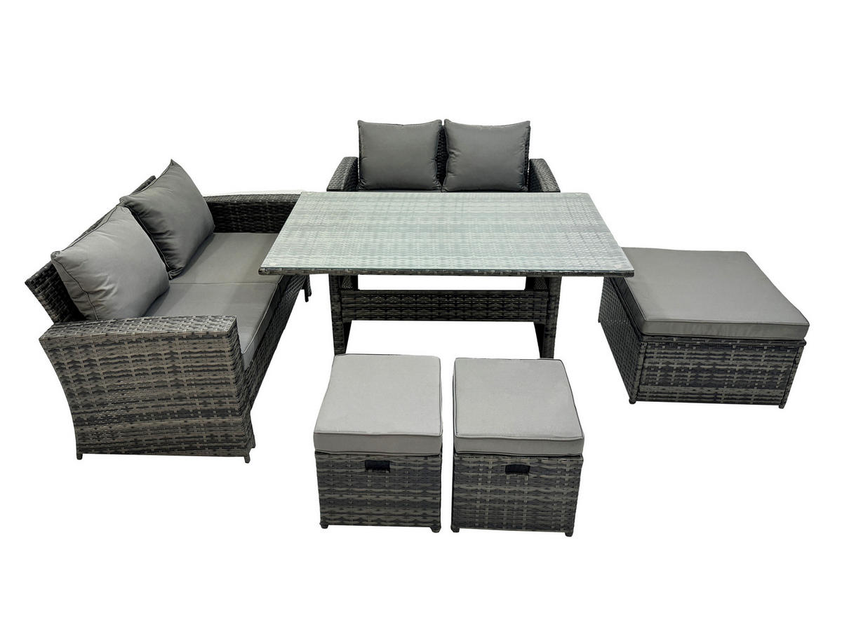 BALKONMÖBEL-SETS mit 2-Sitzer Sofa,3 Fußhocker,Esstisch Polyrattan Dunkelgrau 7-Sitzer - Dunkelgrau/Grau, Glas/Kunststoff - Fimous