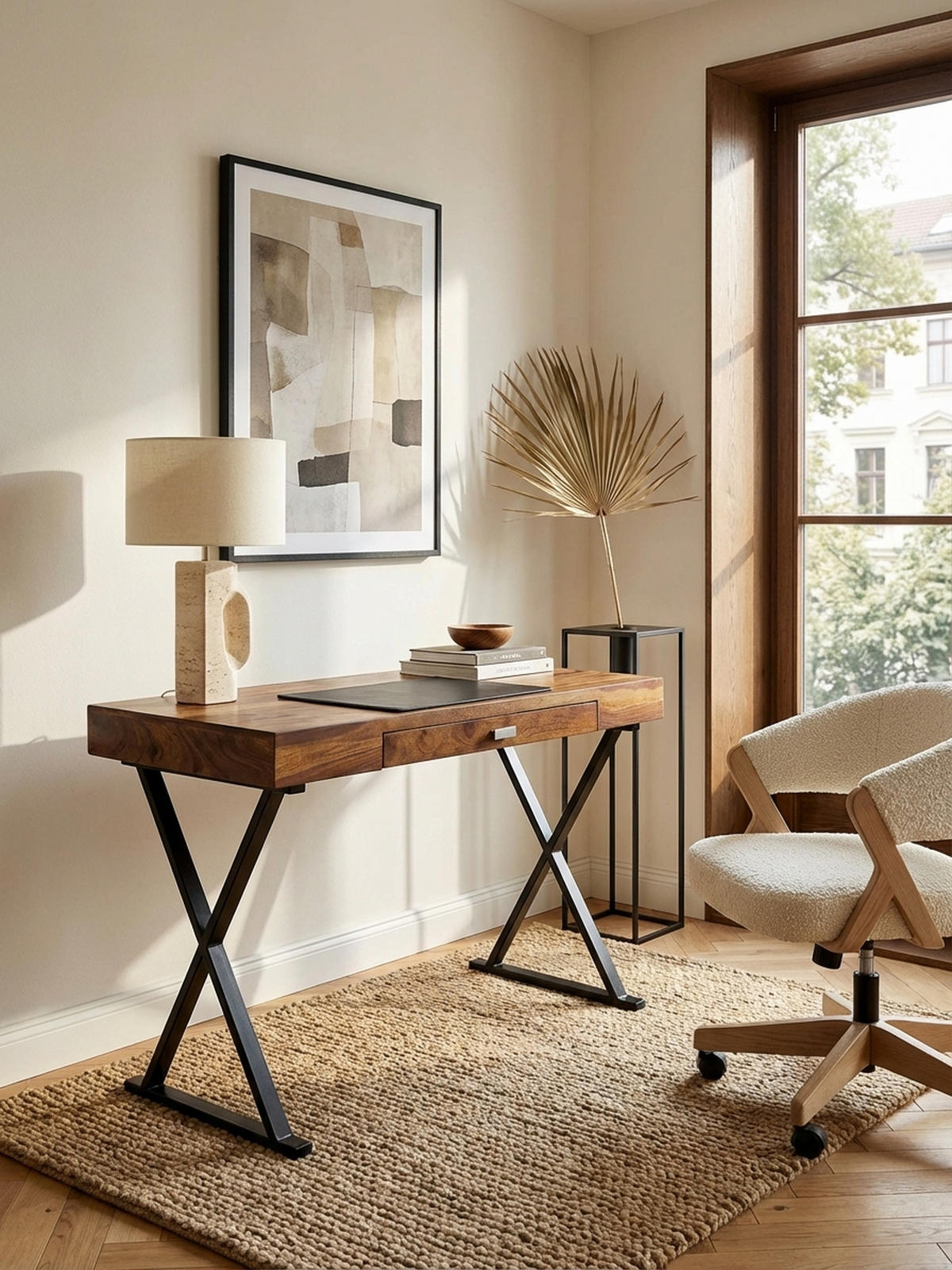 SCHREIBTISCH Massivholz X-Gestell Schublade, Schwarz 120x55x78 cm - Schwarz, Holz/Metall (55/120/78cm) - KADIMA DESIGN