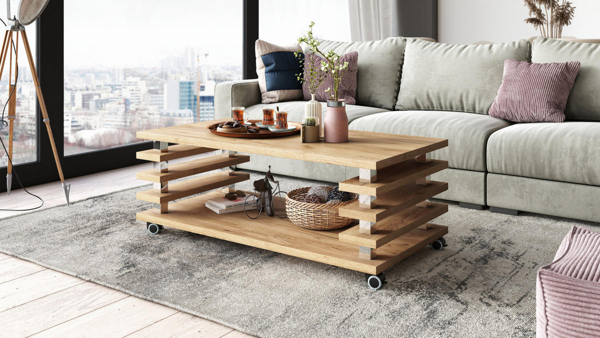 COUCHTISCH rechteckig Eiche Gold Ablage Rollen - Eichefarben, Holzwerkstoff (60/120/45cm) - designimpex
