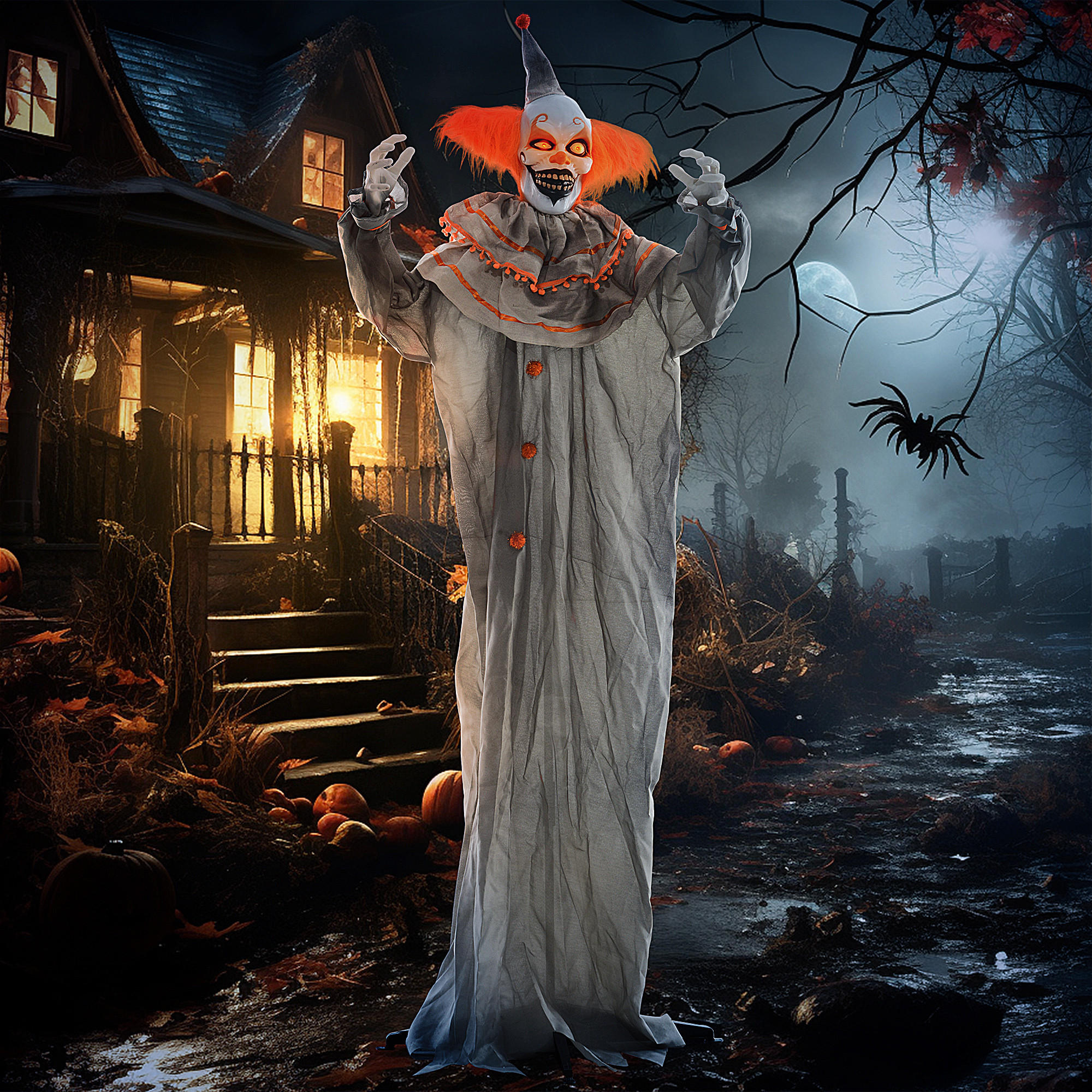 HALLOWEEN DECORATIONS Dekoration Clown, Soundfunktion, Orange+Grau, 183cm - Orange, Kunststoff/Metall (65/183/18cm) - HOMCOM
