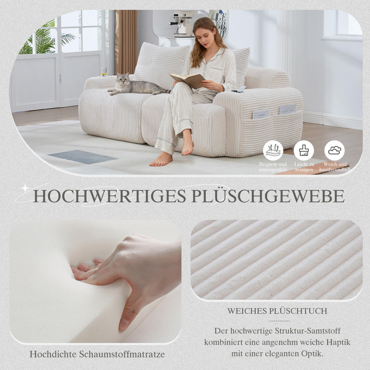 2-SITZER Sofa Cord mit Getränkehalter und Seitentasche 200/99/80 cm Beige - Beige, Textil (99/80/200cm) - Redom