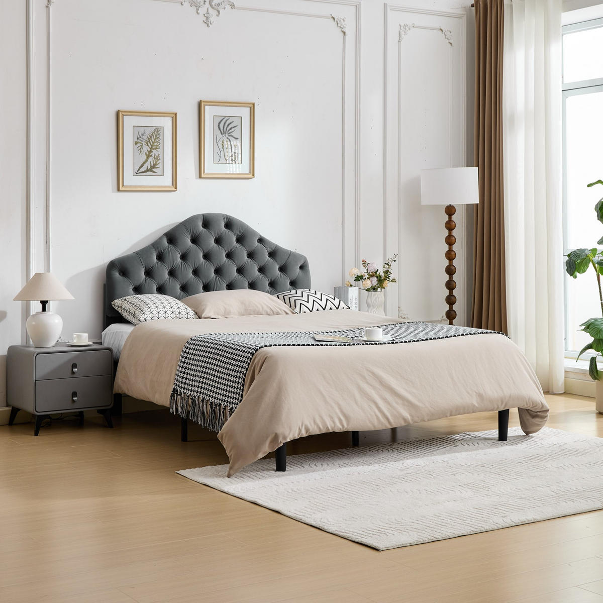 BETT mit verstellbarem Kopfteil 140x200 cm Samt Grau - Grau, Holz (140/200cm) - Meubliv