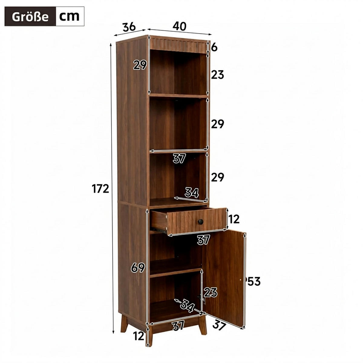 HOCHSCHRANK 40/36/172 cm Walnussholzfarbe mit 1 Schubladen und Soft-Close-Scharniere - Walnussfarben, Holz/Holzwerkstoff (36/172/40cm) - Oxeza