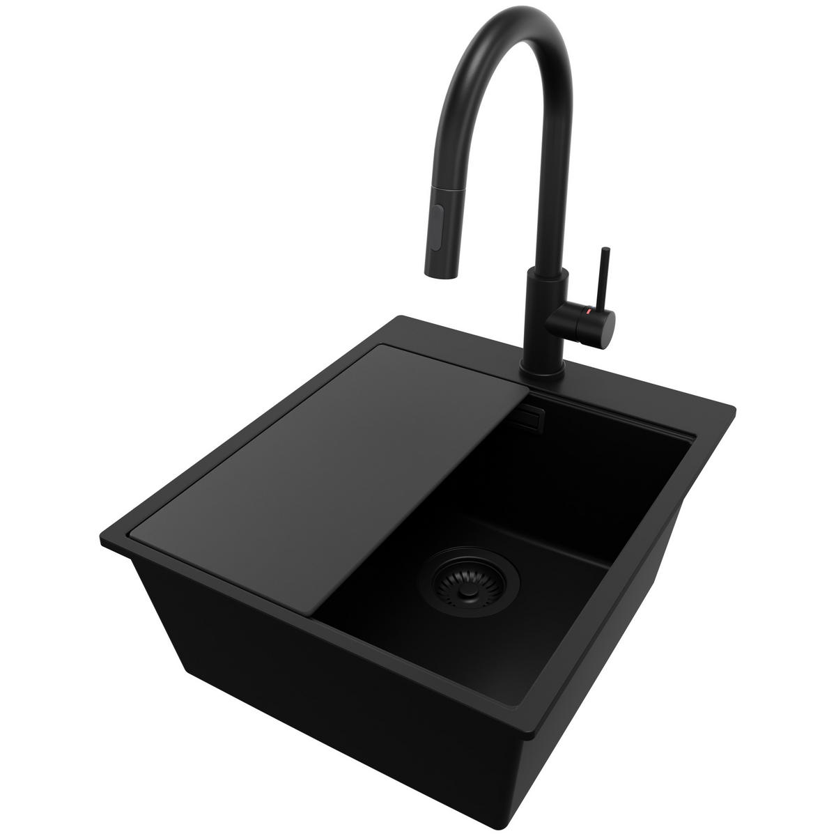 GRANITSPÜLE Oslo, 2-er set Alles Schwarz 43/50 cm 1 Becken + Küchenarmatur 40/20 cm + Ablauf-Set + Schneidebrett ab 45er Unterschrank - Schwarz, Kunststoff (43/20/50cm) - Primagran