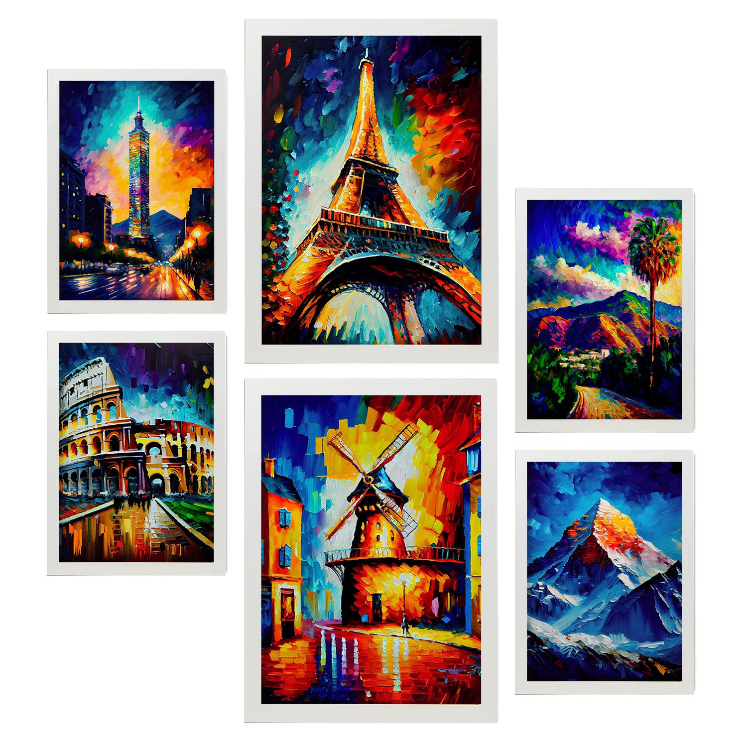 POSTER Set Mit 6 Hoch Aufragend Im Ölgemälde Stil A3 & A4 Weißer Rahmen - Weiß, Papier (29/3cm) - Nacnic