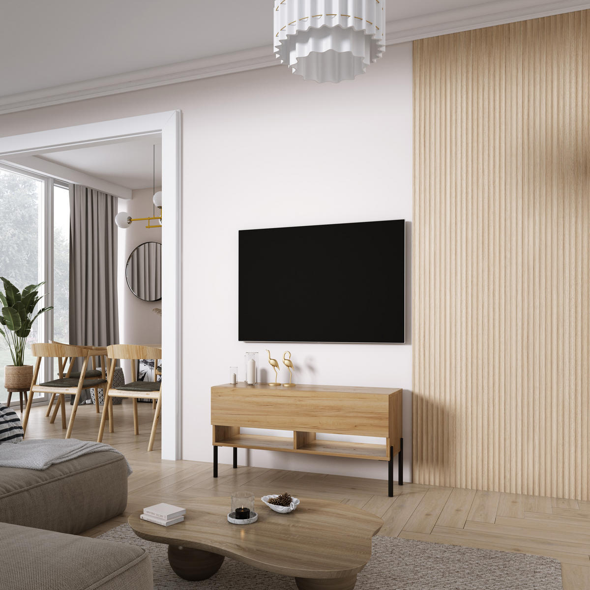 TV-LOWBOARD 100 cm Eiche Craft, gerade schwarze Beine, weiße LED, 100 × 32 × 52 cm - Braun, Holzwerkstoff (100/52/32cm) - 3XE LIVING