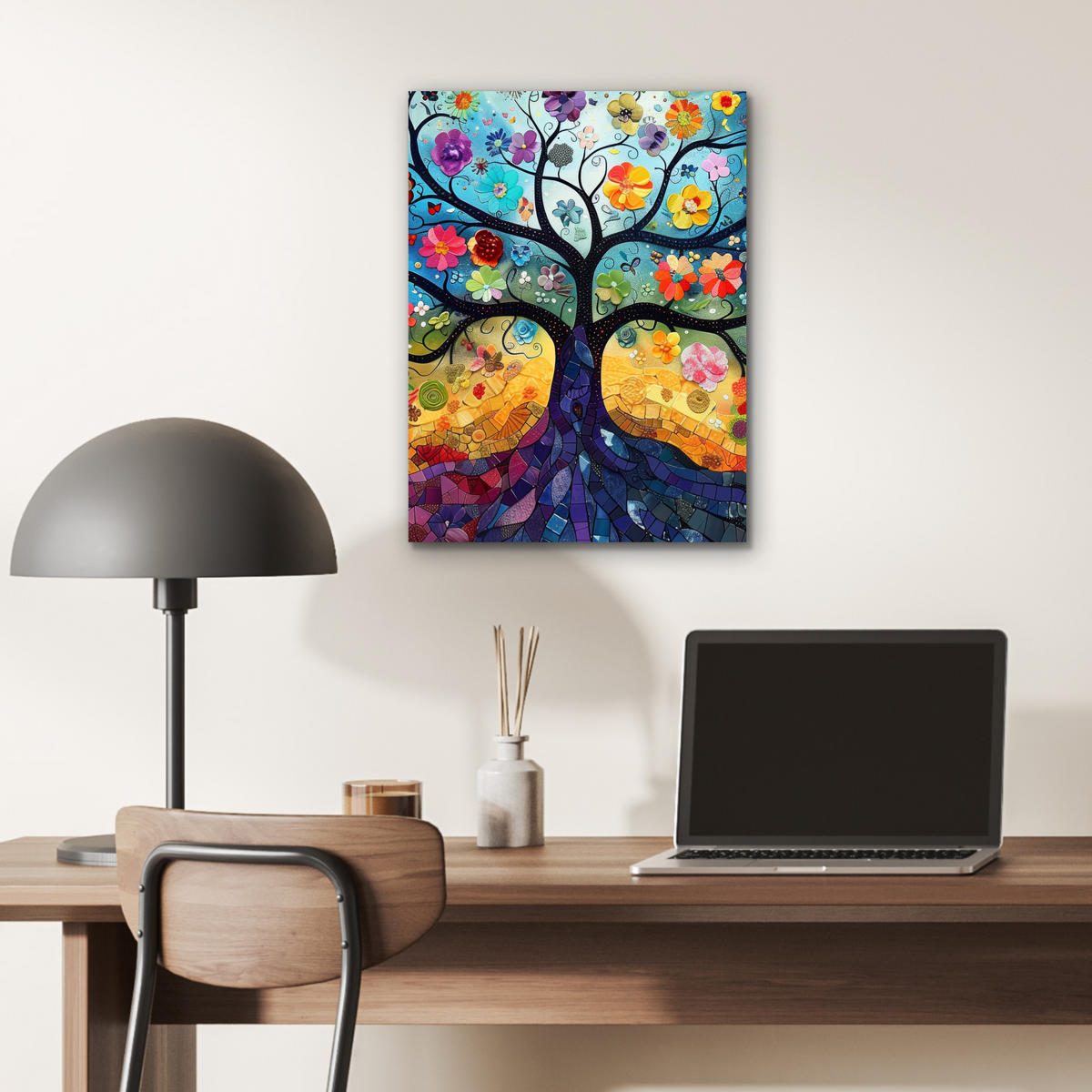 KOVOVÝ OBRAZ Umenie - Strom života - Kvety - Hippie 30x40 cm - tmavomodrá, kov (30/40cm) - MuchoWow