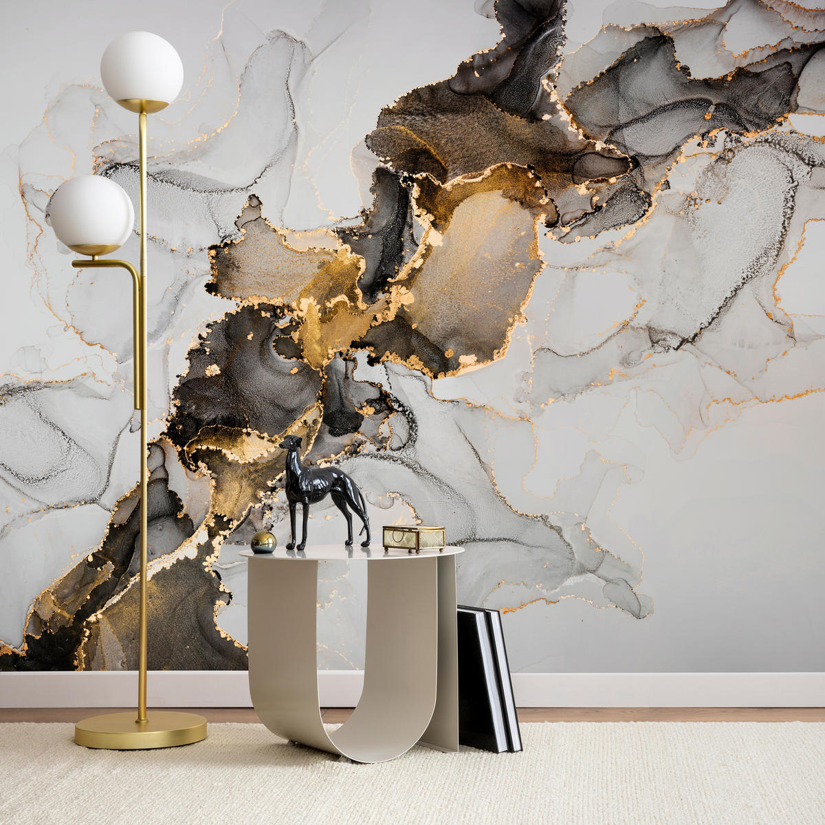 FOTOTAPETE für Badezimmer Moderner Grauer Marmor Gold Schwarz Imitation 400x280 - Beige/Grau, Papier (400/280cm) - Muralo