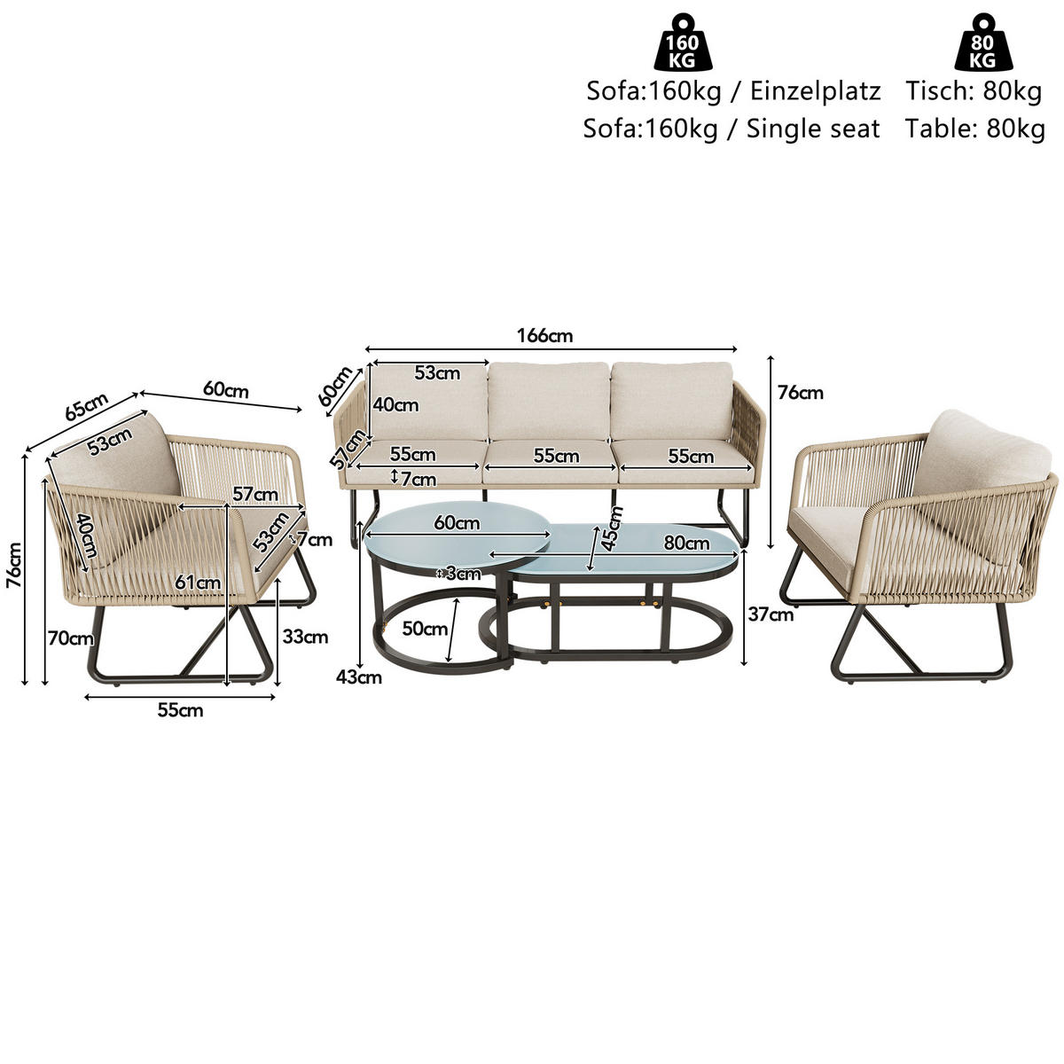 LOUNGESET 5er Seil Beige Mit Verstellbaren Füßen & Glastisch - Beige, Metall - FLIEKS