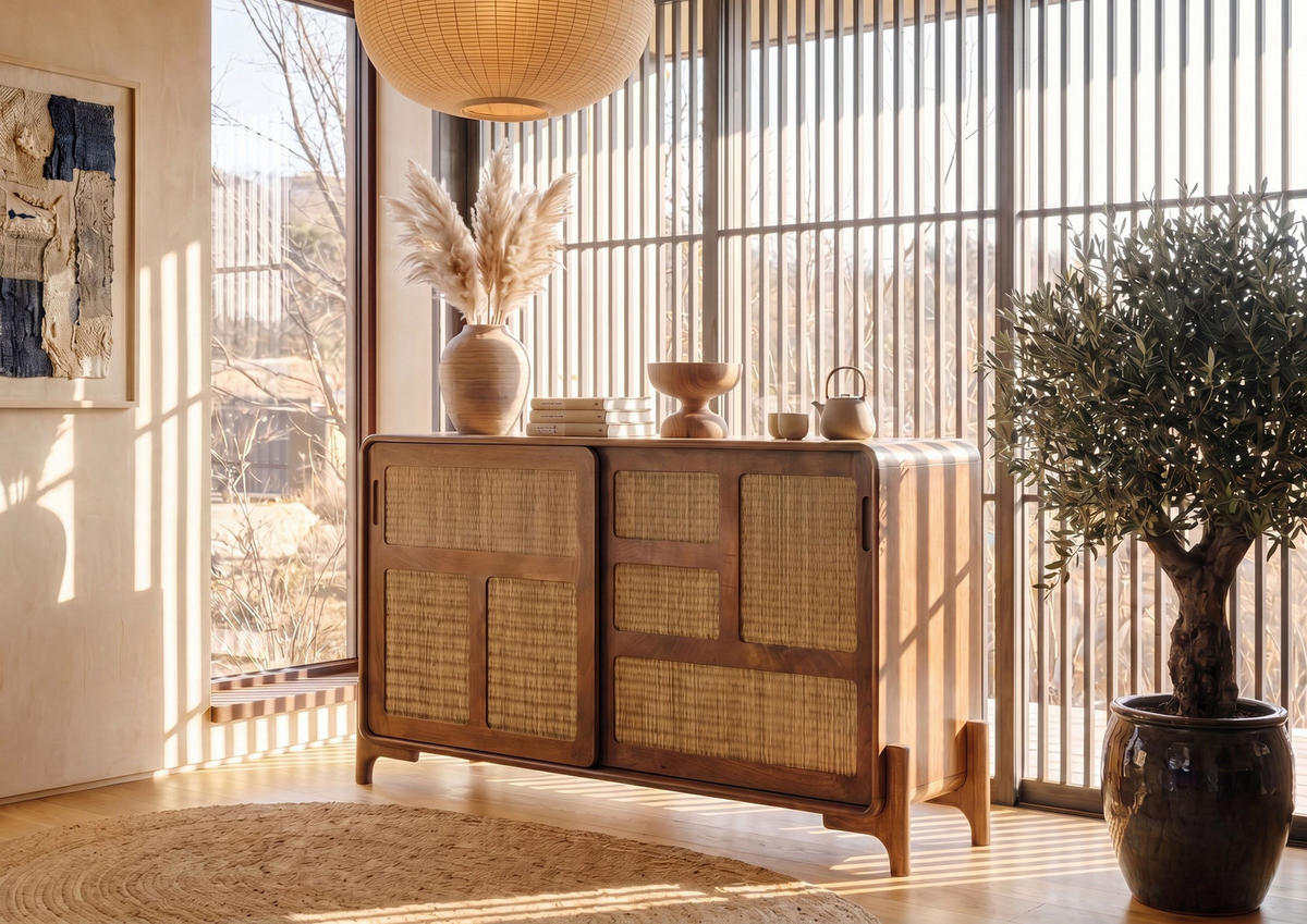 SIDEBOARD Mango/Seegras 150x40x80 hellbraun lackiert MIZUMI #100 - Braun, Holz (150/80/40cm) - Massivmoebel24