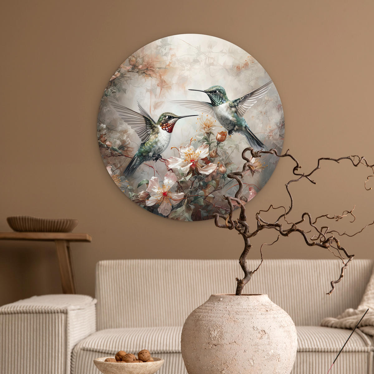 WANDBILD Kolibri - Vögel - Blumen - Pflanzen 60x60 cm - Hellgrün, Kunststoff (60/60cm) - MuchoWow