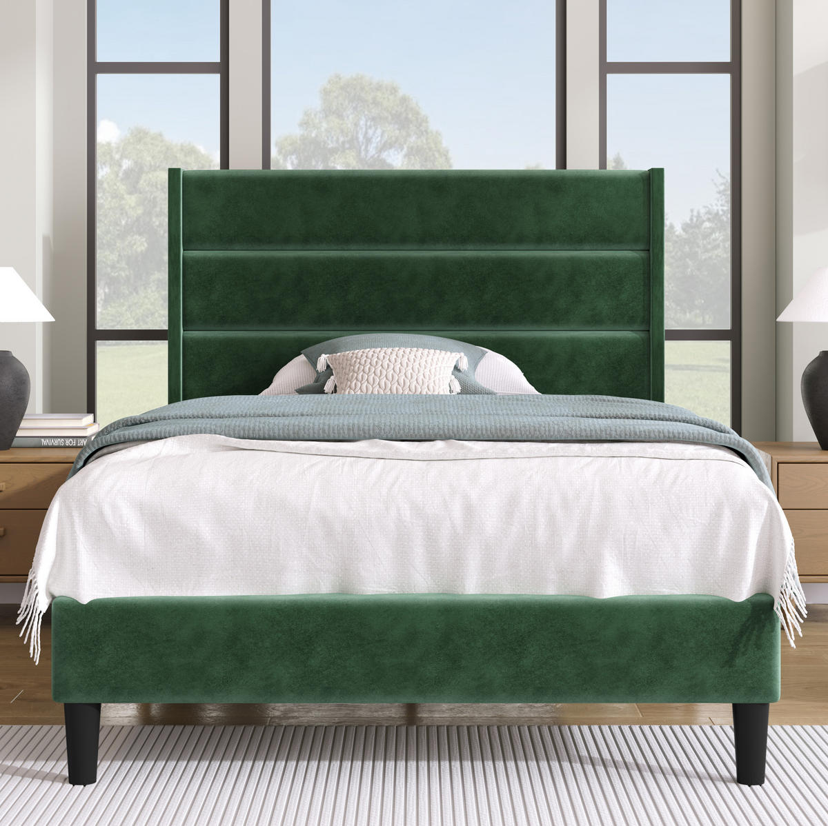 ČALÚNENÁ posteľ 90/200 cm tmavozelená so zdobeným čelom a lamelovým roštom zo zamatu - zelená, textil (90/200cm) - OKWISH