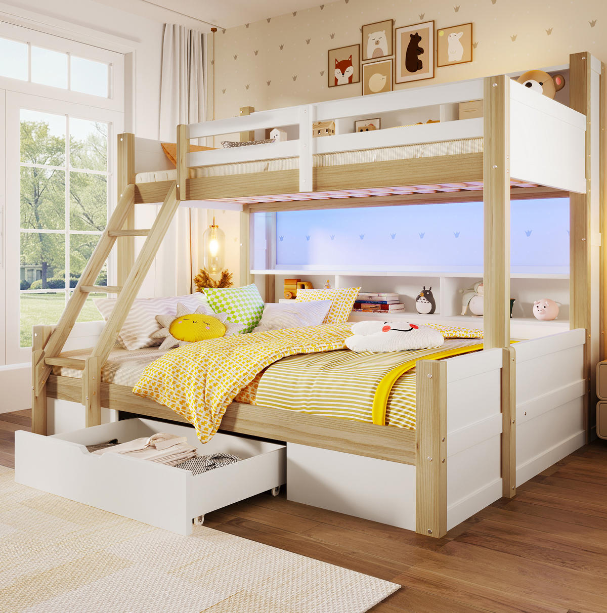 ETAGENBETT 90x200/140x200 cm Weiß/Natur mit LED-Beleuchtung und Stauraum - Weiß, Holz (90/200cm) - Flora Grace