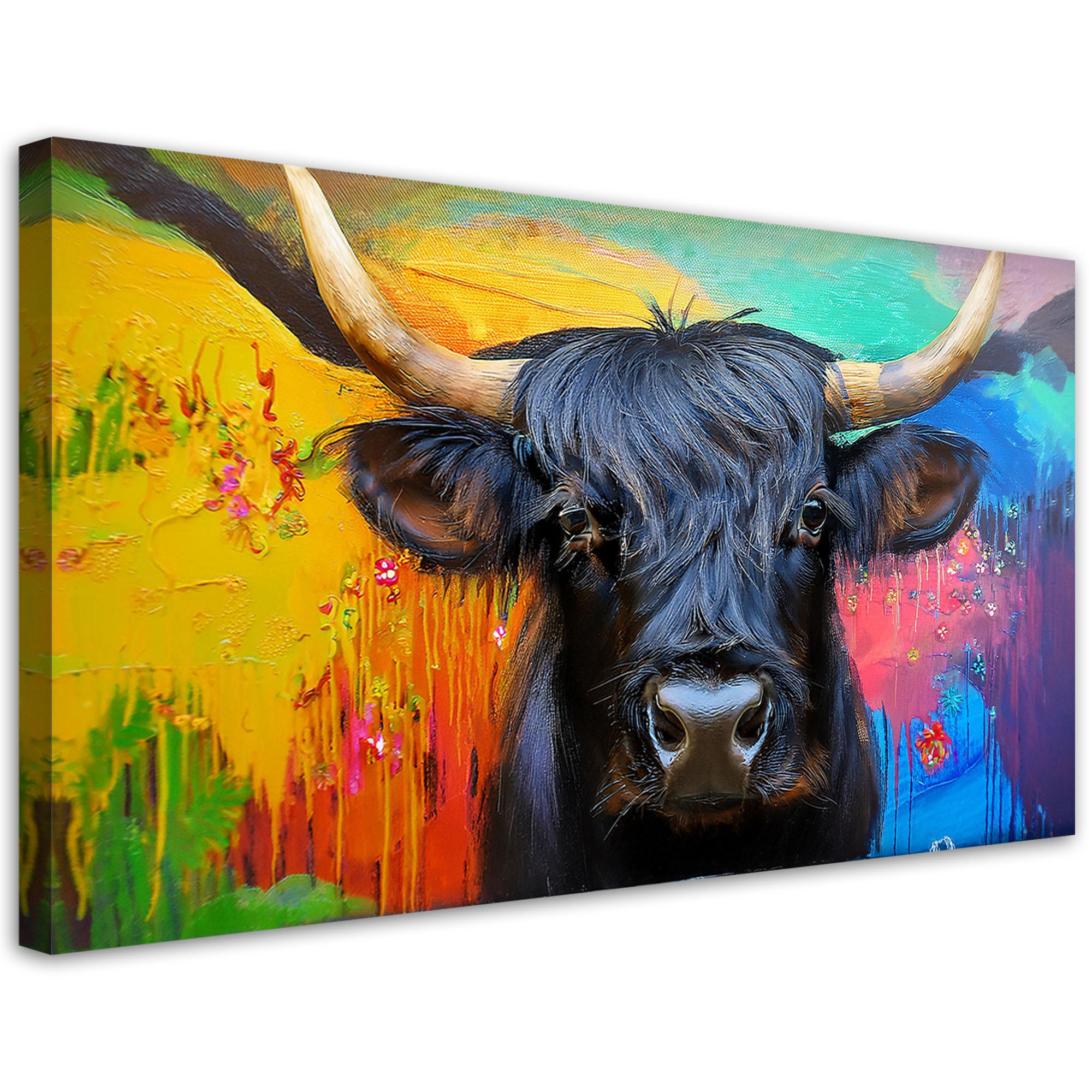 LEINWANDBILD Abstrakte schottische Kuh auf farbigem Hintergrund 120x60cm - Multicolor, Textil (120/60cm) - Feeby