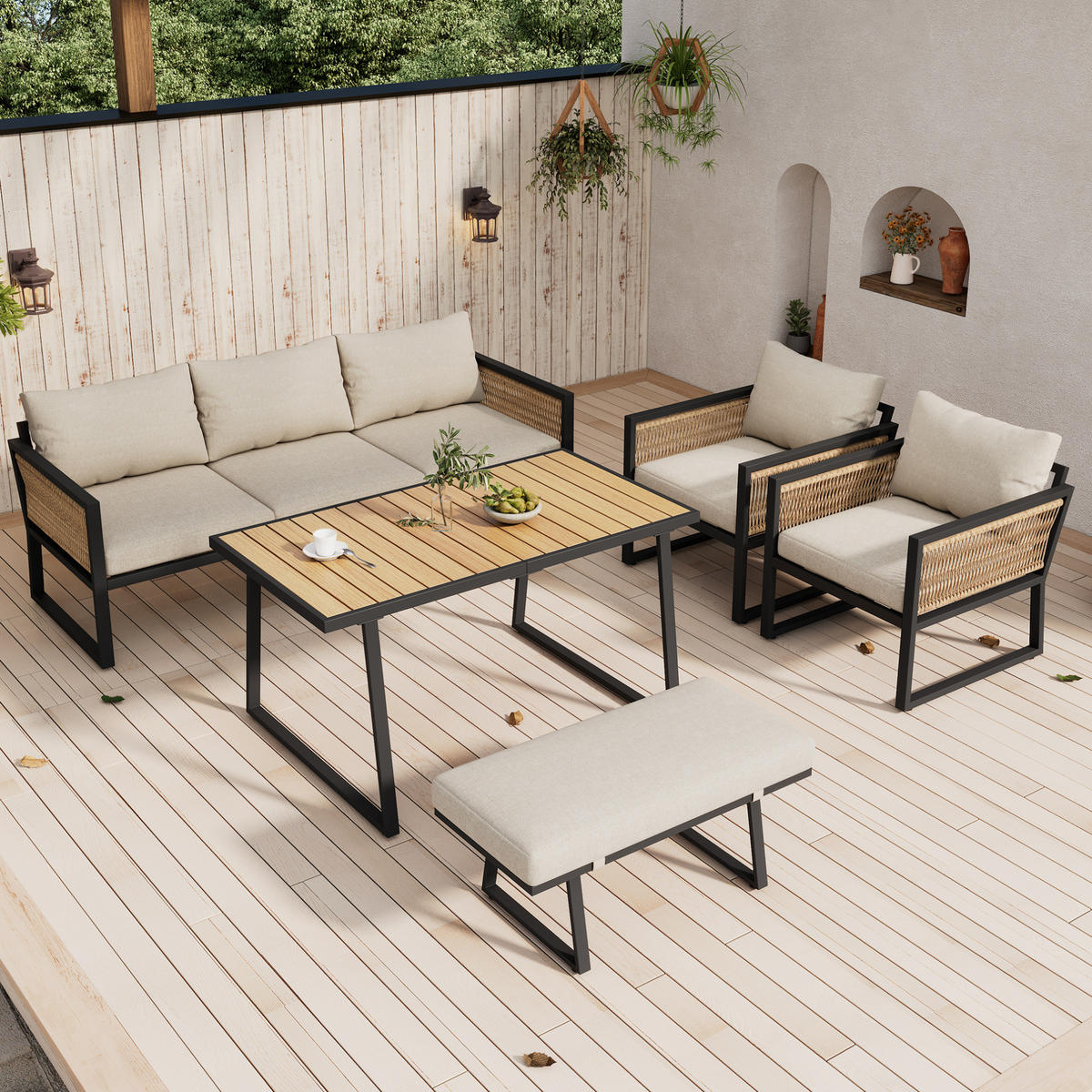 5-TLG. Gartenmöbel-Set mit Esstisch, 3-Sitzer-Sofa, 2 Sesseln und Hocker, mit Seilgeflecht und Kunststoffholzplatte, Beige - Beige, Textil - Redom