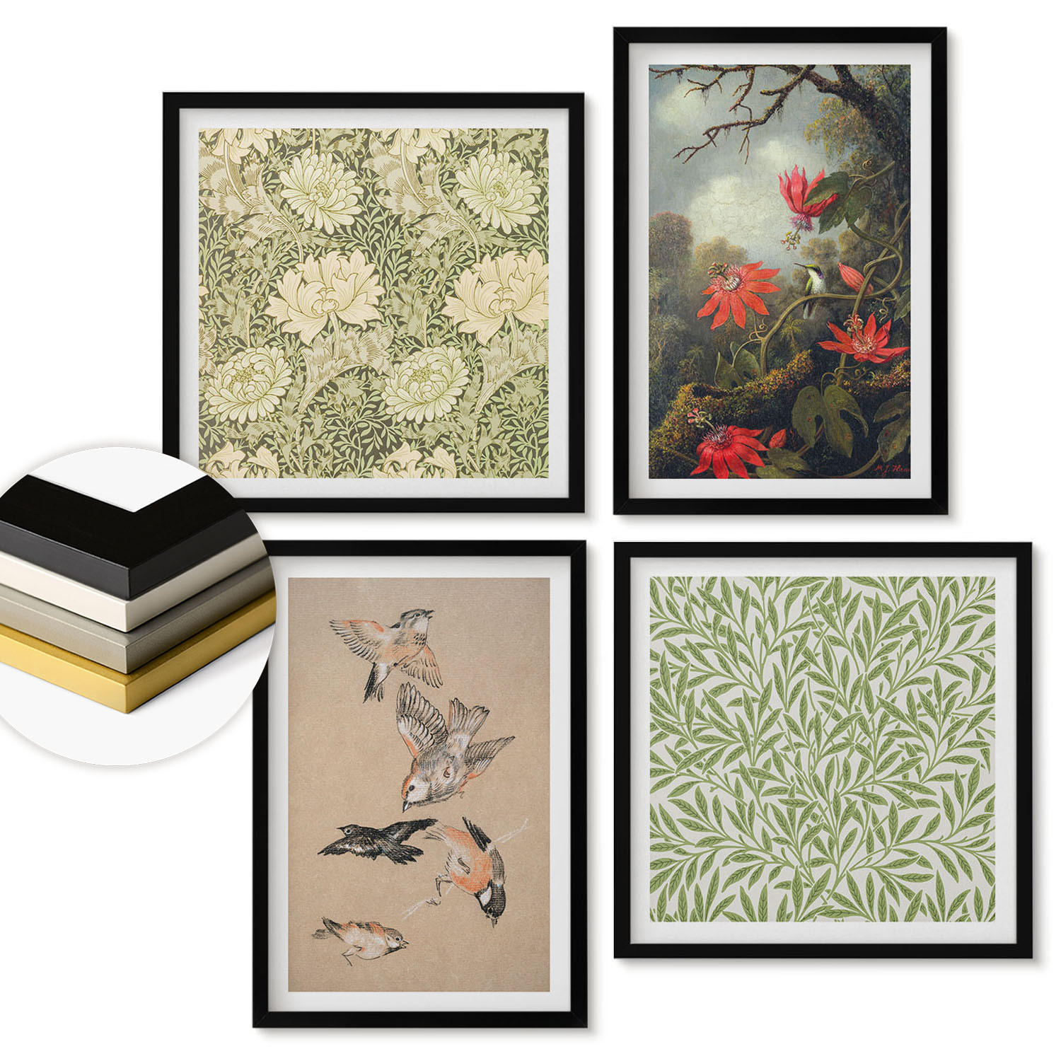 WANDBILDER 4er-Set - 50x50 cm & 40x60 cm Schwarzer Rahmen - Blumen und Vögel in natürlicher Umgebung - Schwarz, Kunststoff (50/50cm) - ArtPrintCave