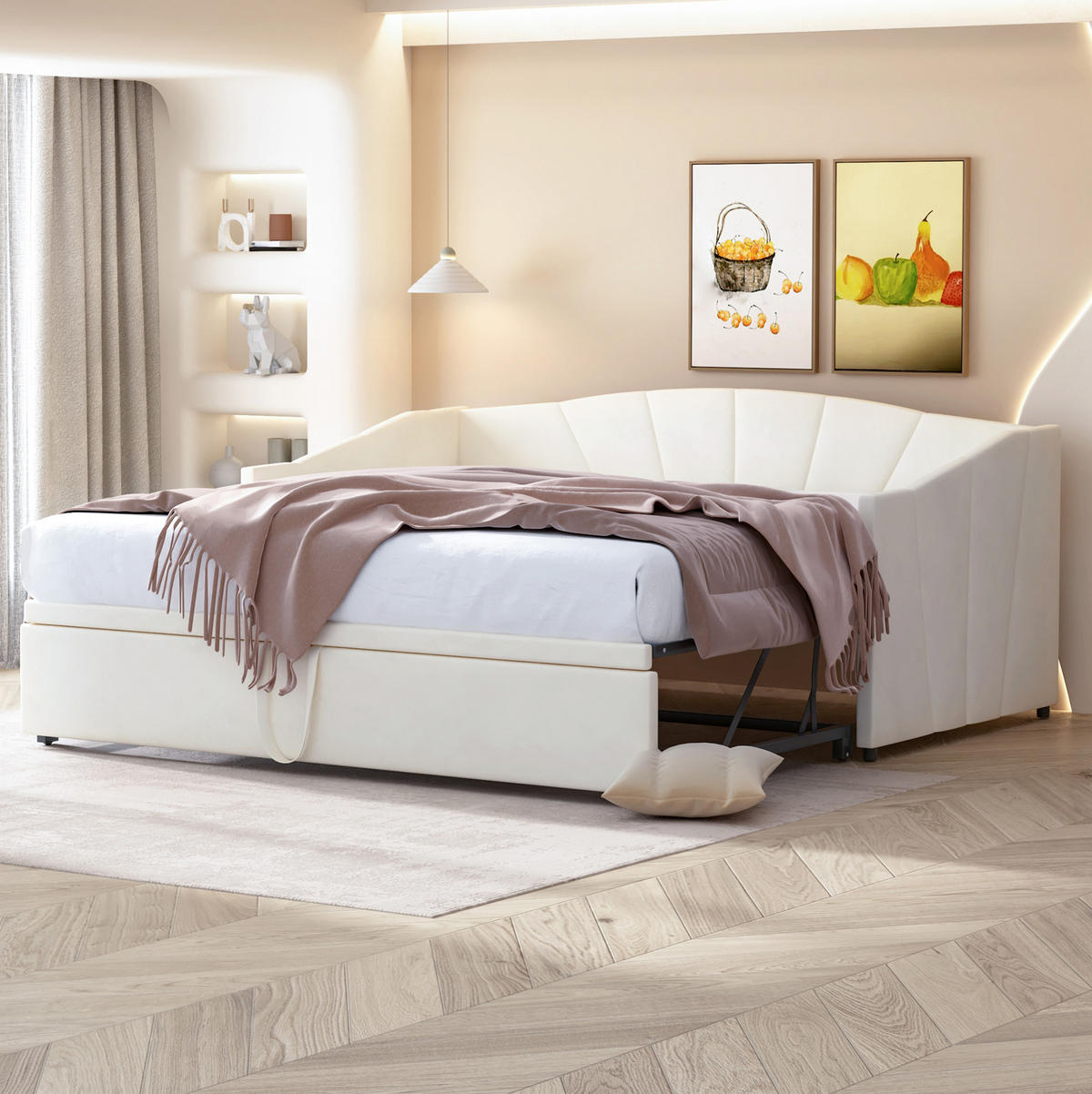 POLSTERBETT 90/200 cm aus Samt mit ausziehbarer Liegefläche Beige - Beige, Textil (90/200cm) - Modenvie