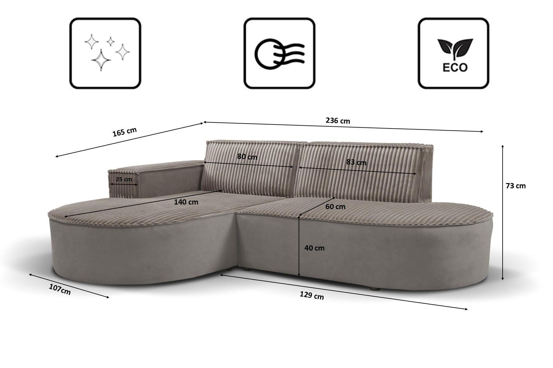 Thumbnail - Kaiser Möbel Ecksofa, Beige, Holz, L-Form, 236x165 cm, Wohnzimmer, Sofas & Couches, Wohnlandschaften, Ecksofas