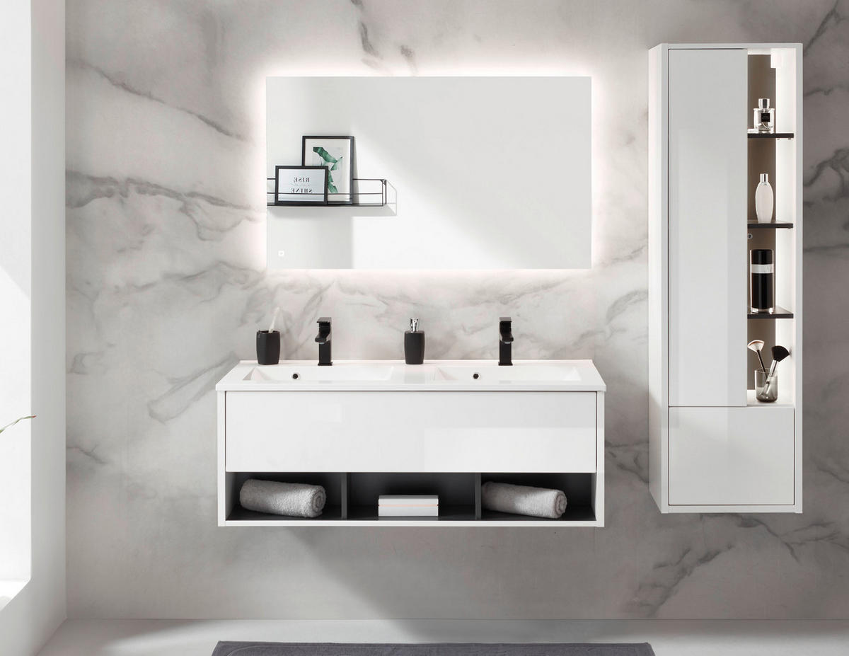 BADMÖBEL-SET weiß Hochglanz, grau, Badezimmerschränke mit Doppelwaschbecken und LED Beleuchtung - Weiß Hochglanz/Grau, Glas/Holzwerkstoff (175/190/47cm) - Furn.Design